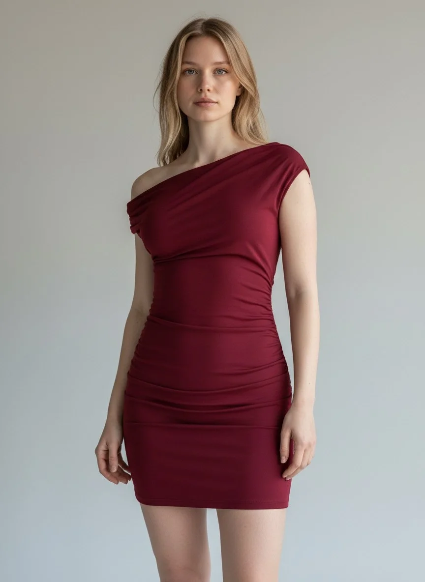 Kayık Yaka Elbise - BORDO