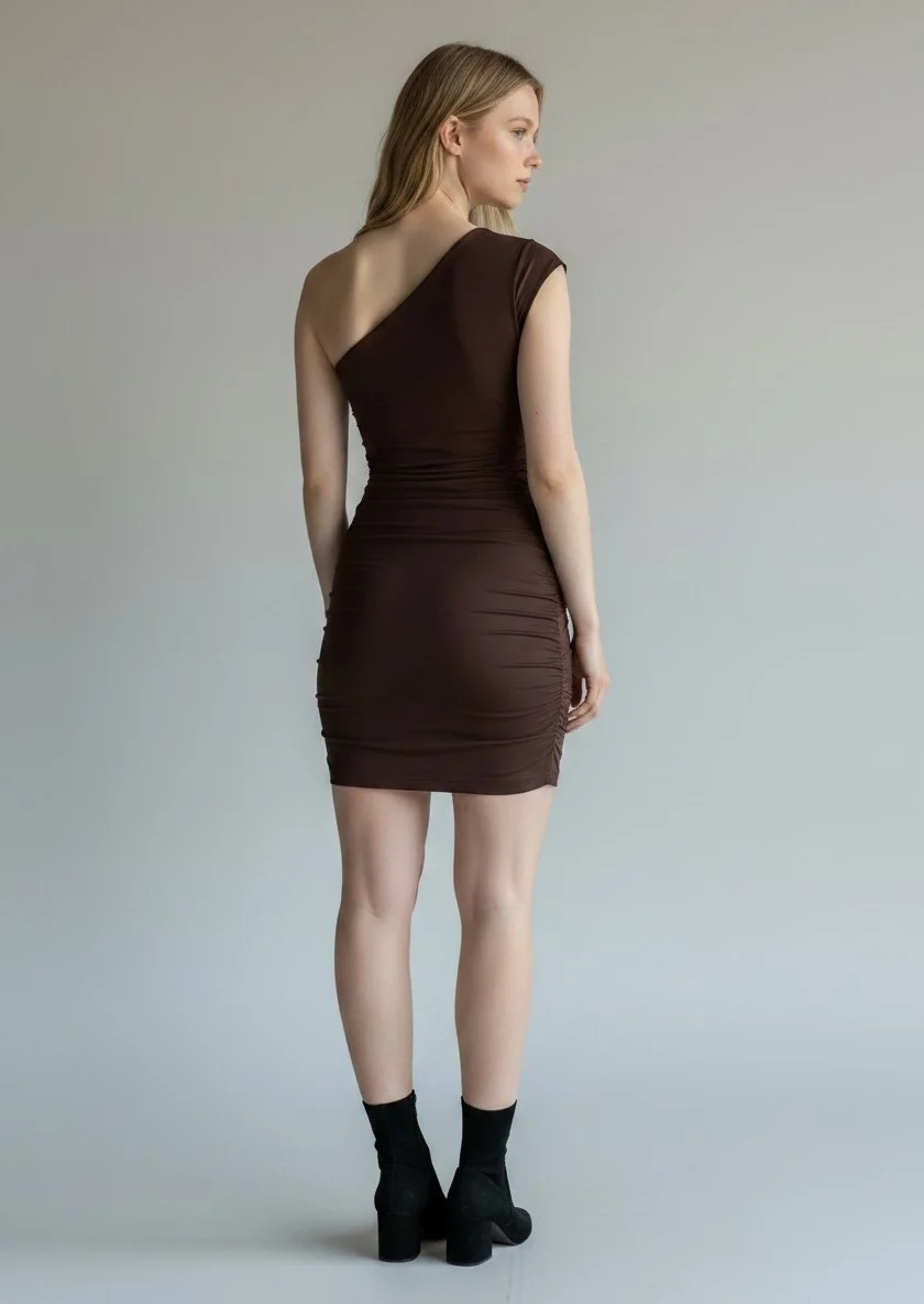 Kayık Yaka Elbise - KAHVE