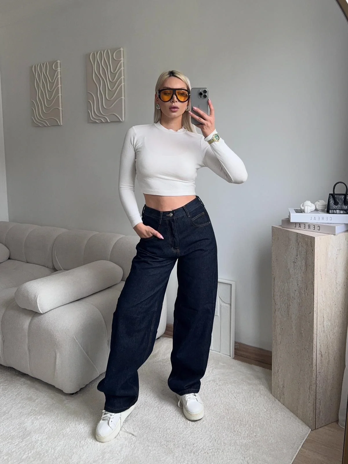 Kemer Tokalı Baggy Jean - KOYU MAVİ