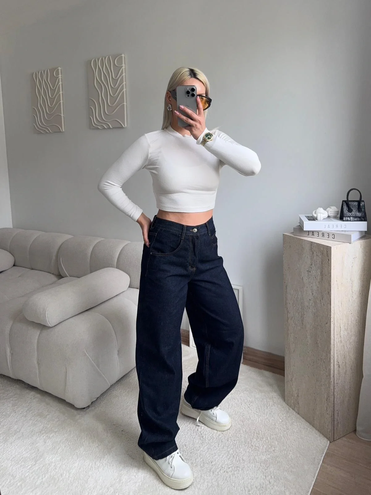 Kemer Tokalı Baggy Jean - KOYU MAVİ