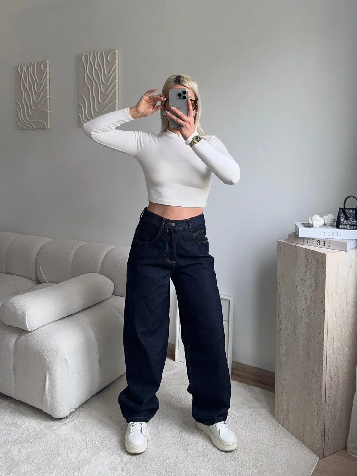 Kemer Tokalı Baggy Jean - KOYU MAVİ