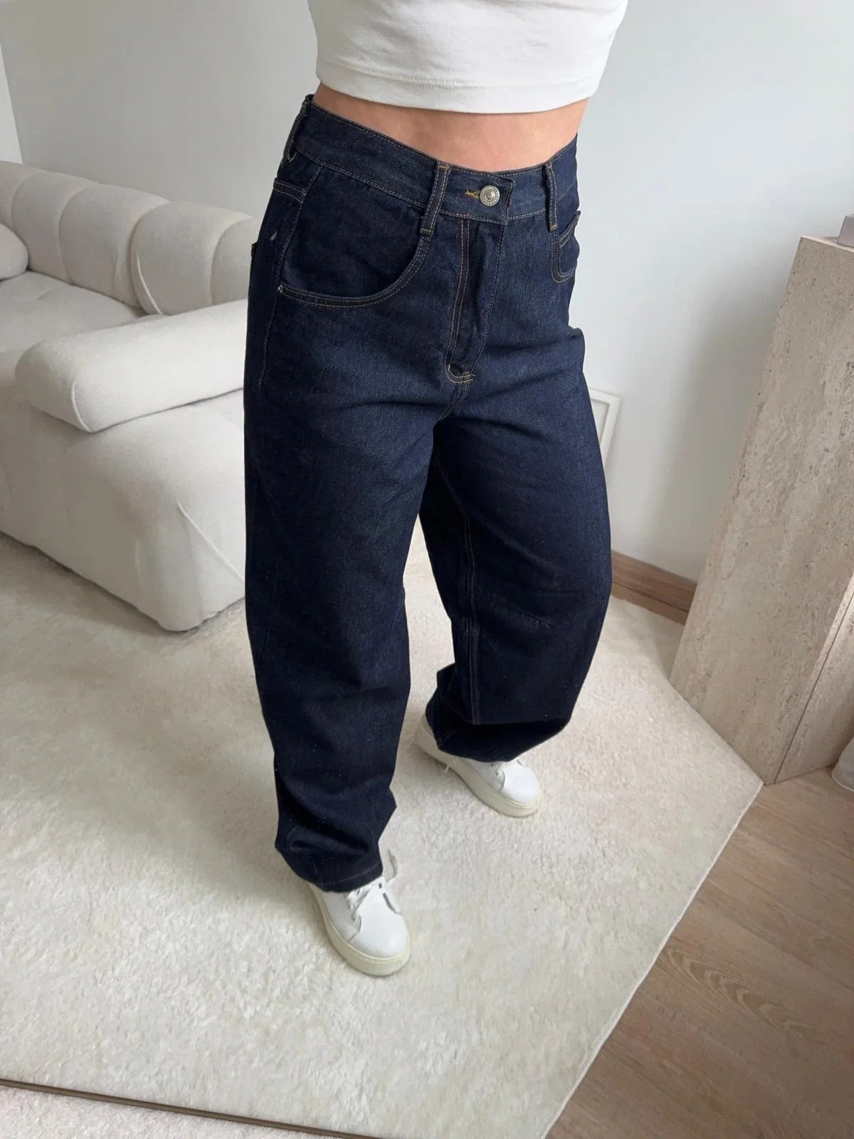 Kemer Tokalı Baggy Jean - KOYU MAVİ