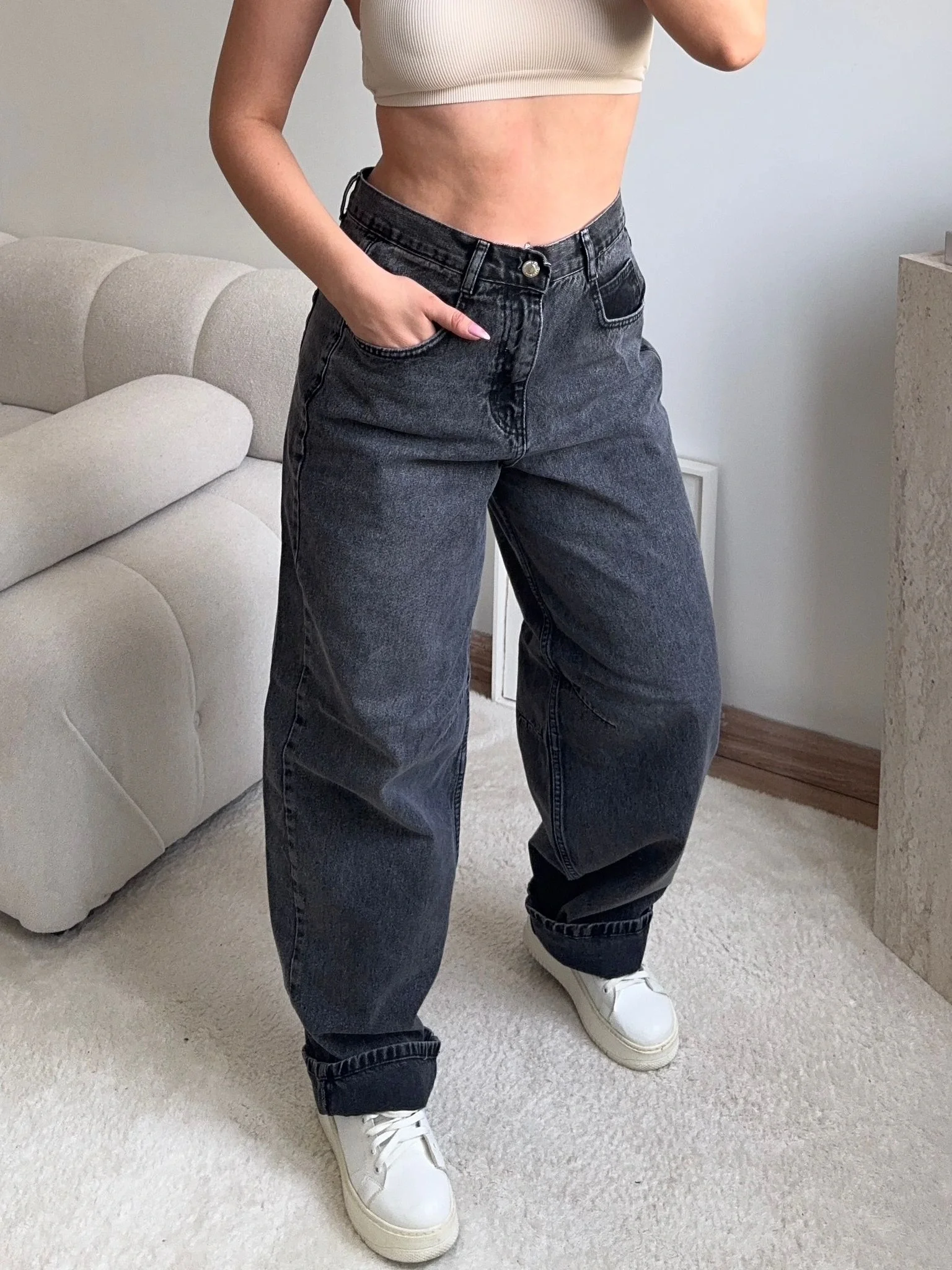 Kemer Tokalı Baggy Jean - ANTRASİT