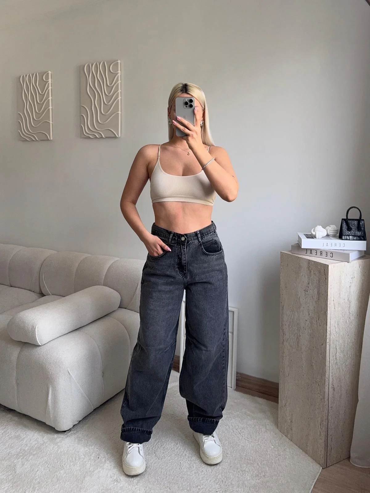 Kemer Tokalı Baggy Jean - ANTRASİT