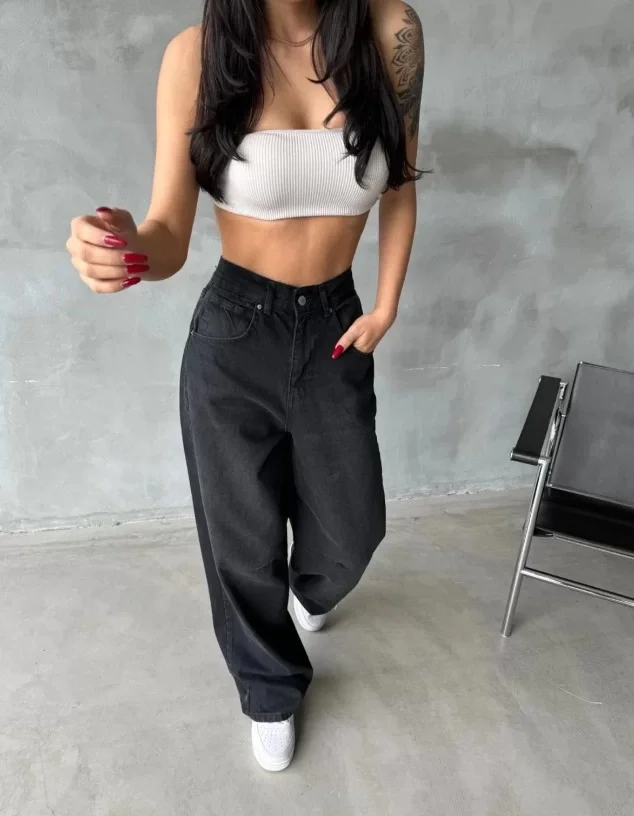 Kemer Tokalı Baggy Jean | SİYAH