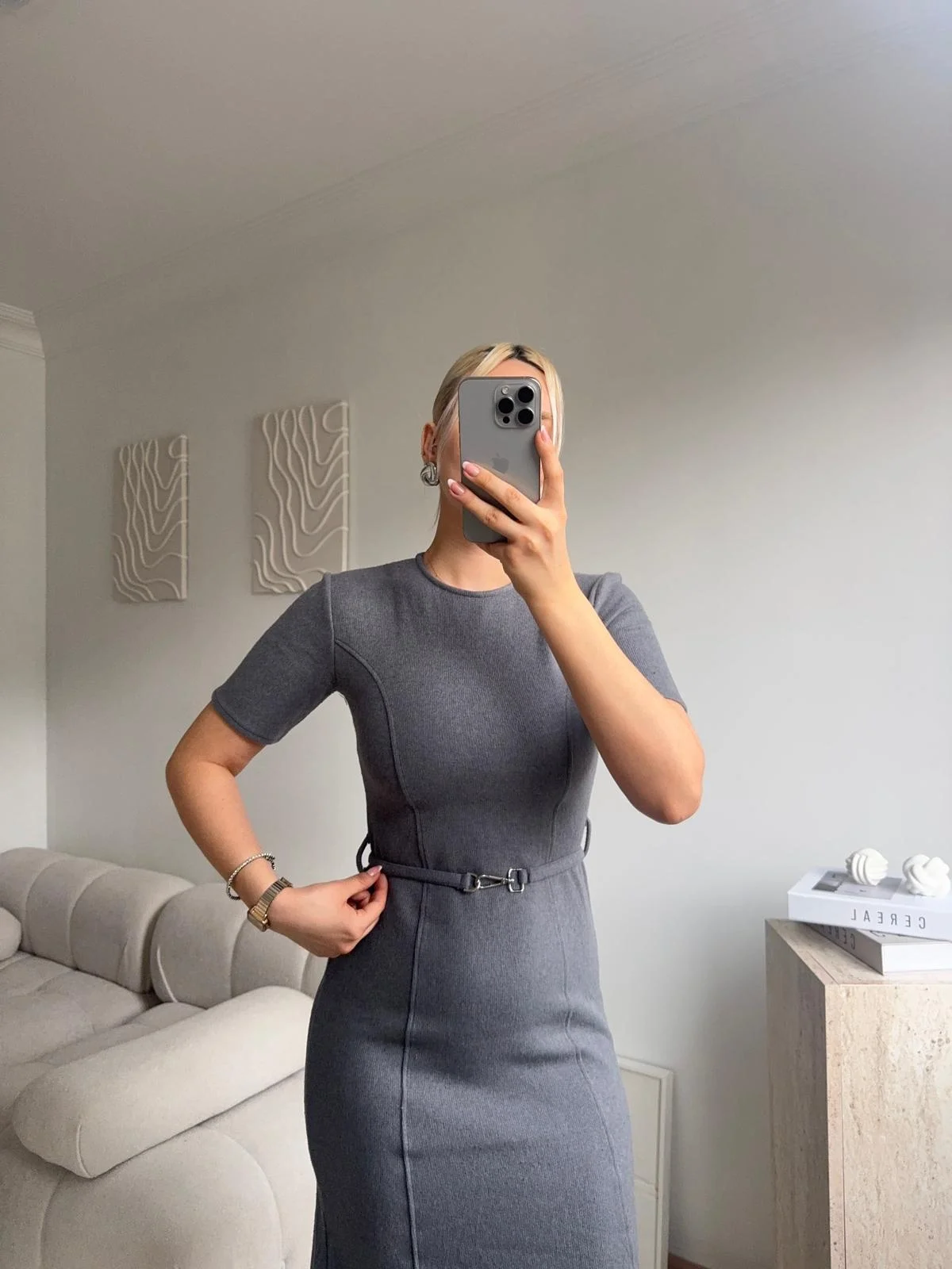 Kemerli Midi Triko Elbise - GRİ