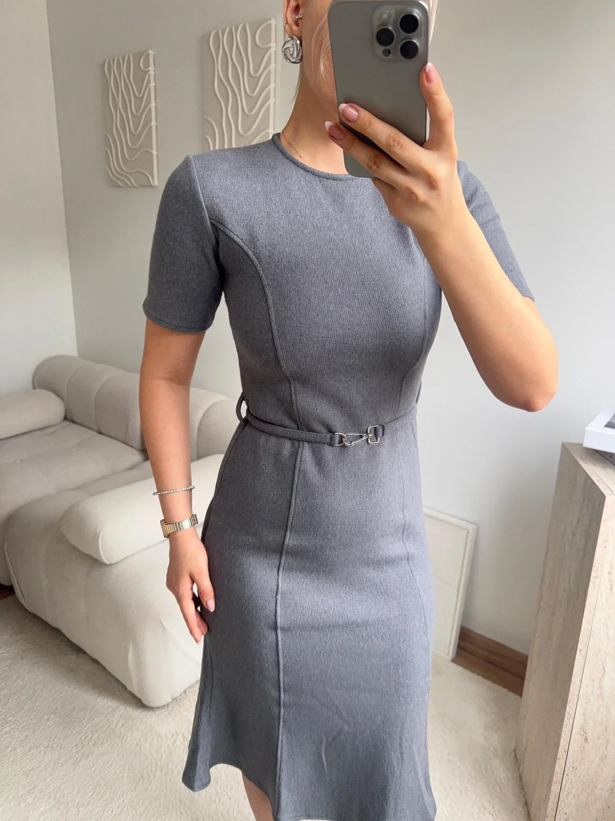 Kemerli Midi Triko Elbise - GRİ