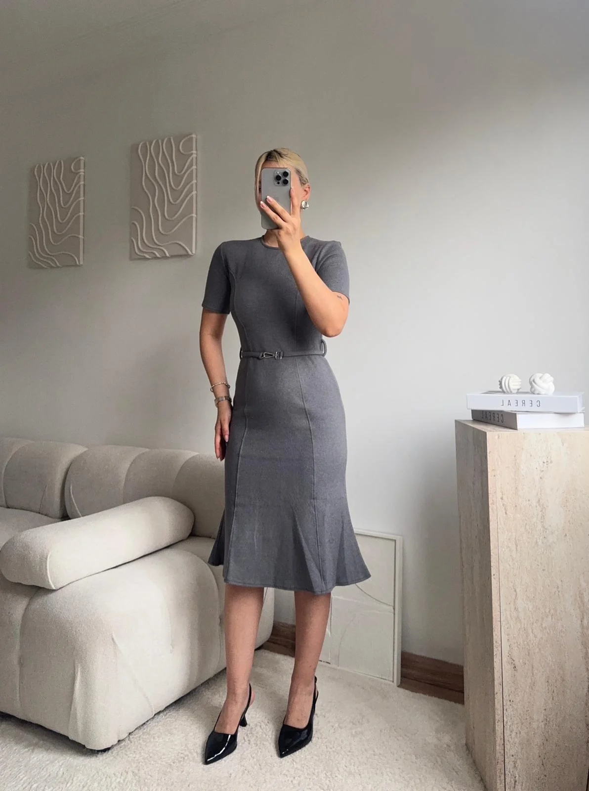 Kemerli Midi Triko Elbise - GRİ