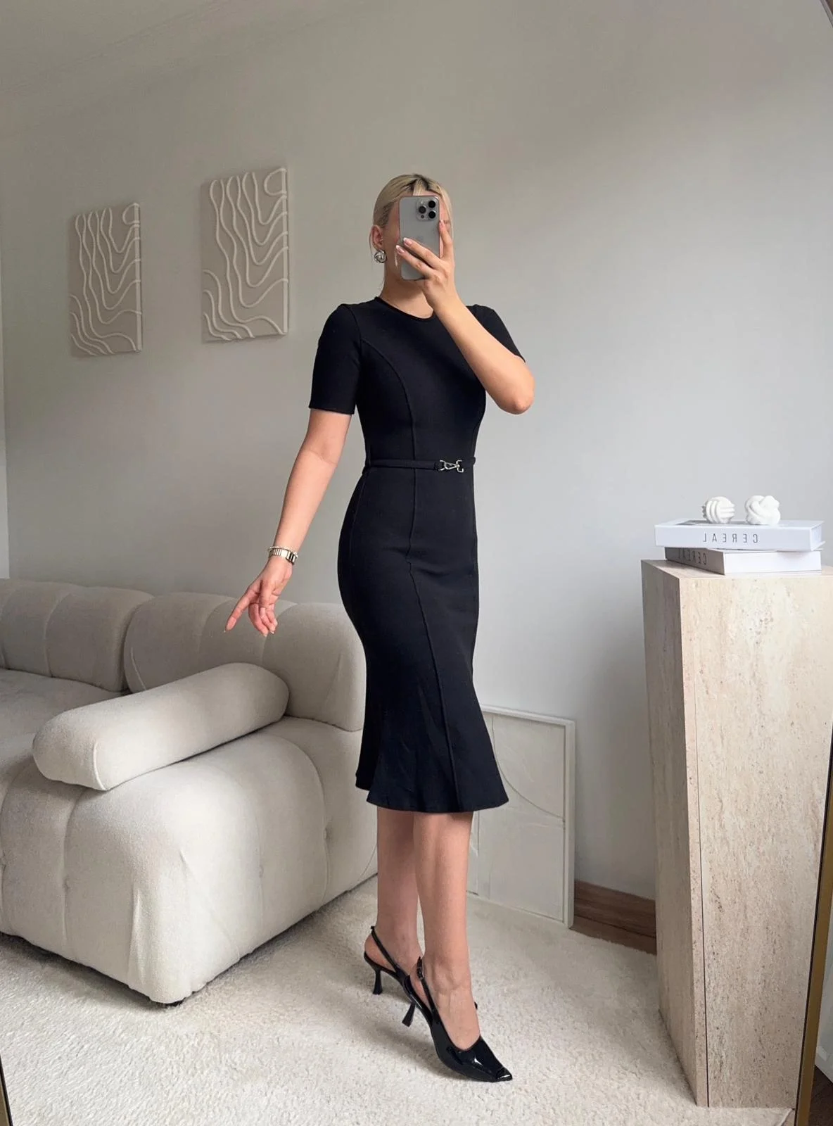 Kemerli Midi Triko Elbise - SİYAH