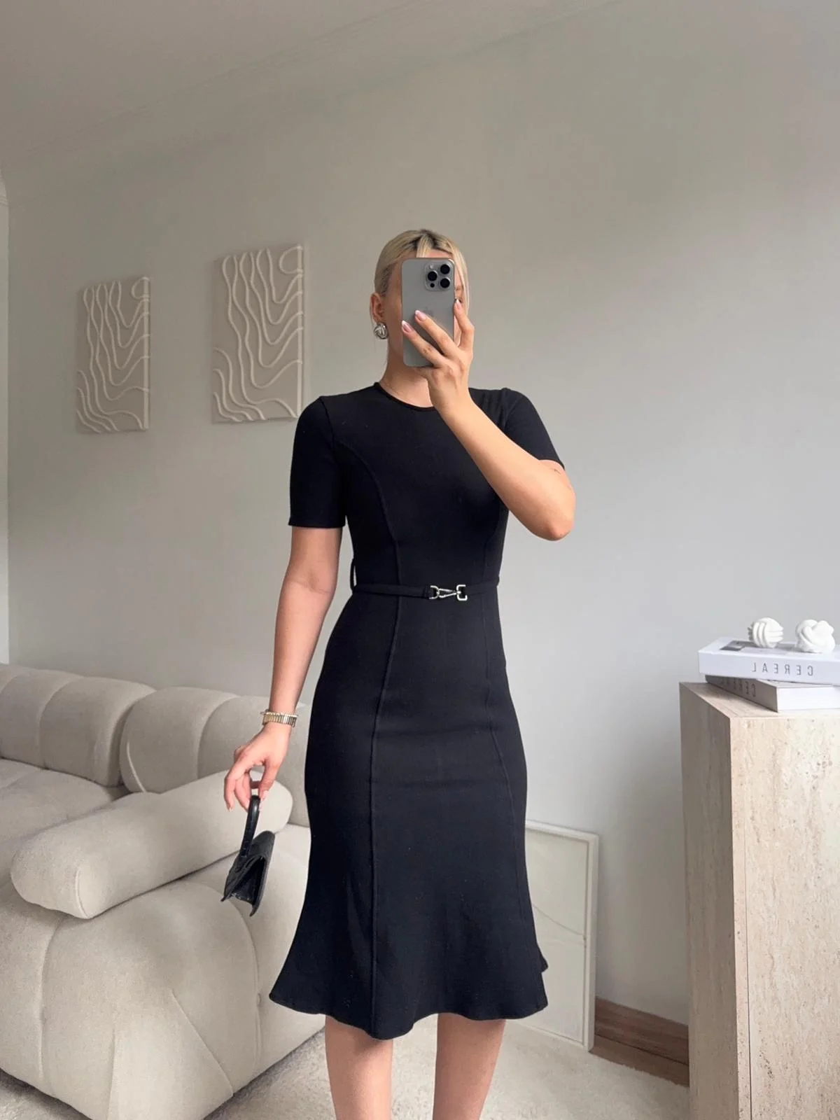 Kemerli Midi Triko Elbise - SİYAH