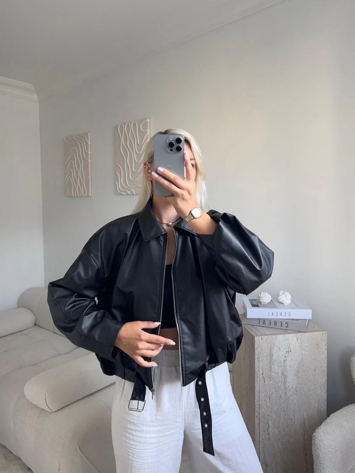 Kemerli Oversize Deri Ceket - SİYAH