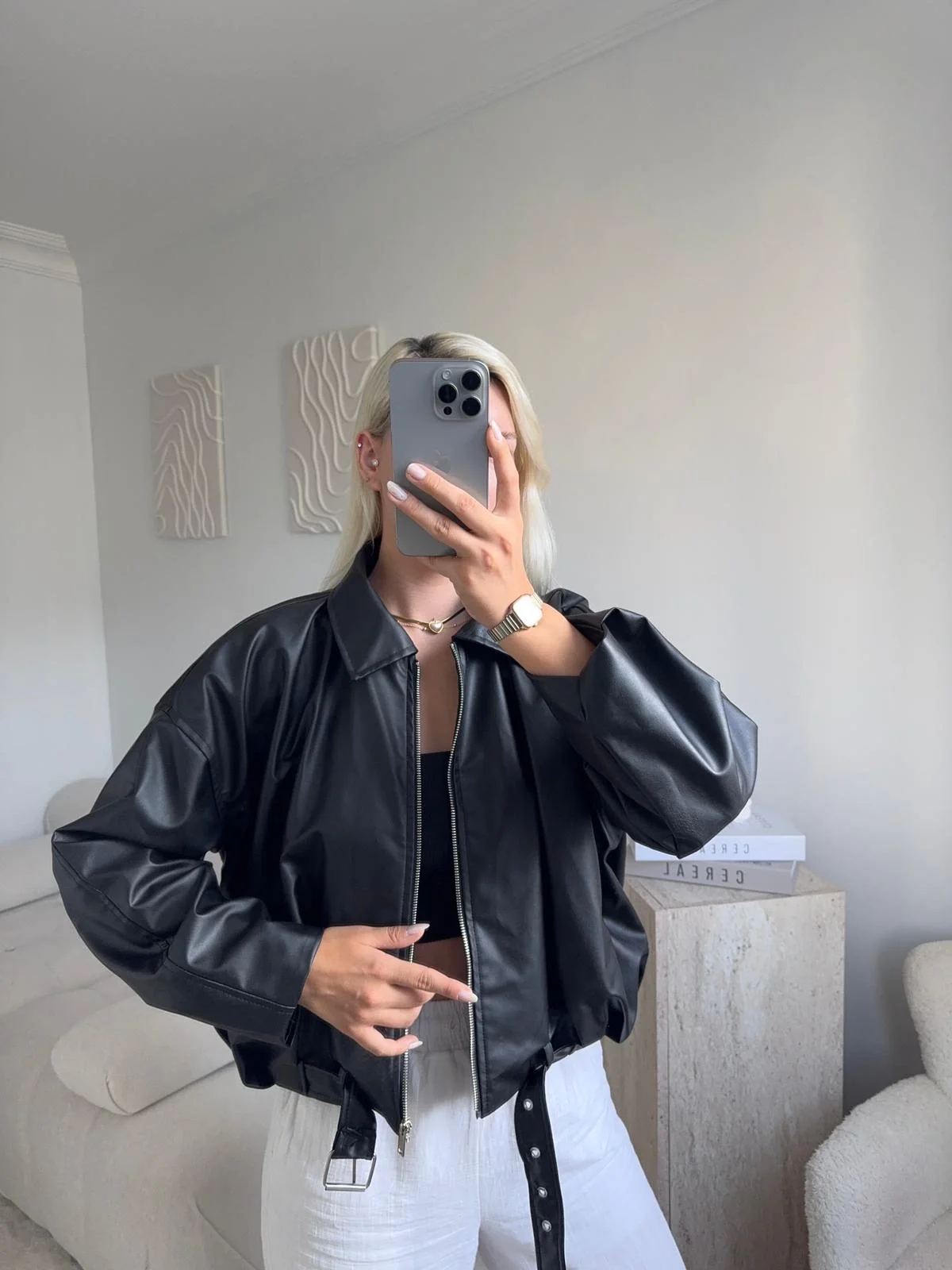 Kemerli Oversize Deri Ceket - SİYAH