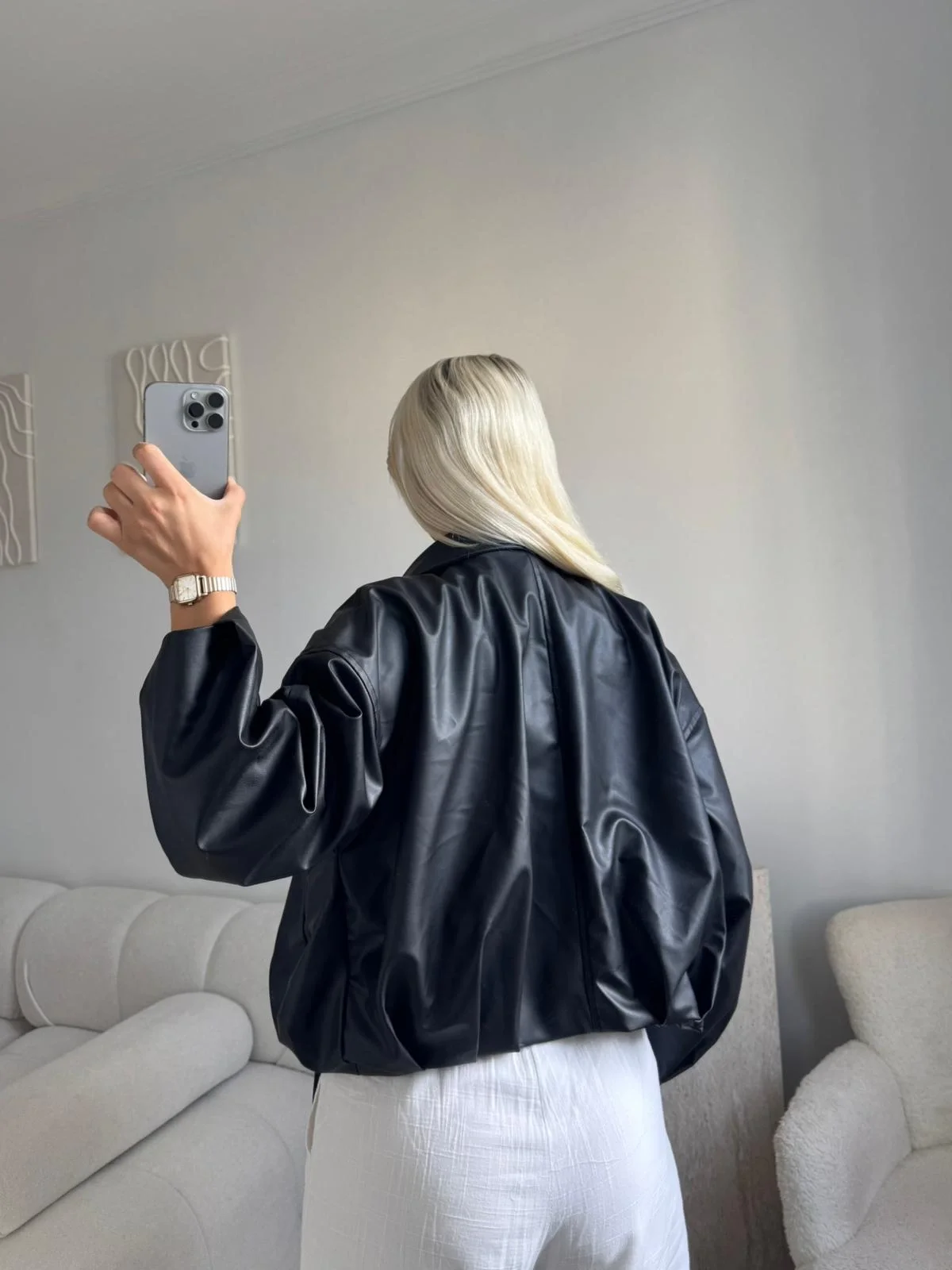 Kemerli Oversize Deri Ceket - SİYAH