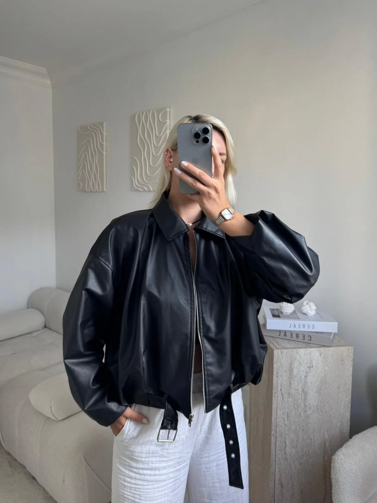 Kemerli Oversize Deri Ceket - SİYAH