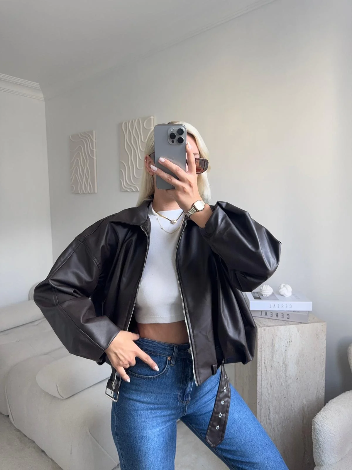 Kemerli Oversize Deri Ceket - ACI KAHVE