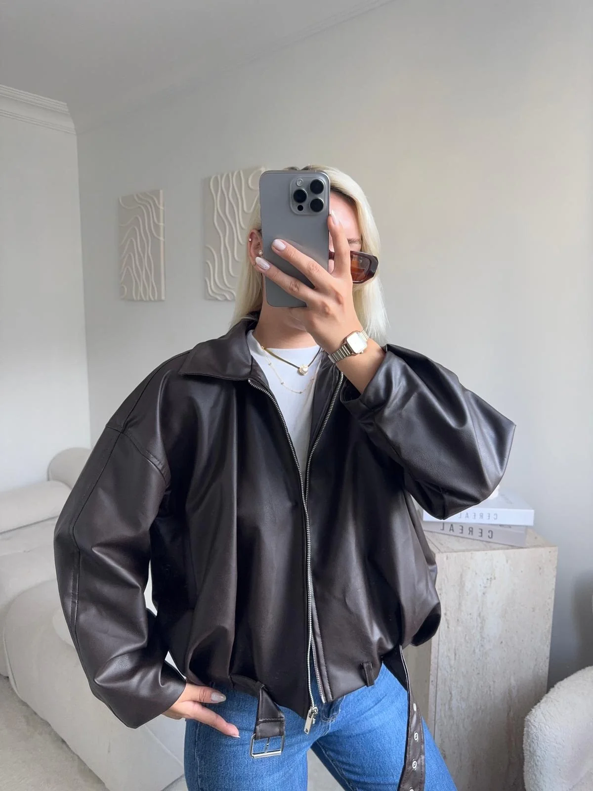 Kemerli Oversize Deri Ceket - ACI KAHVE