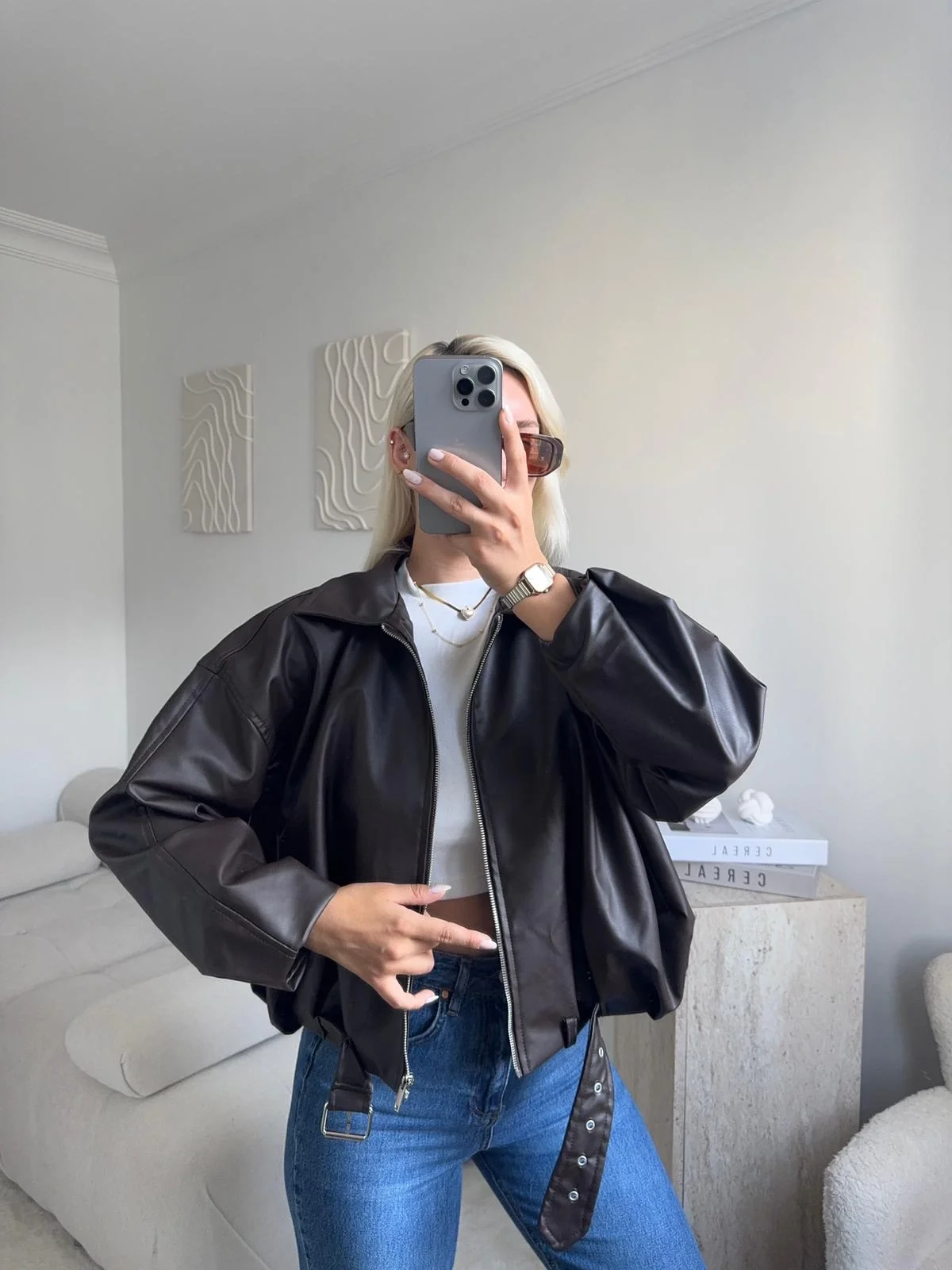 Kemerli Oversize Deri Ceket - ACI KAHVE