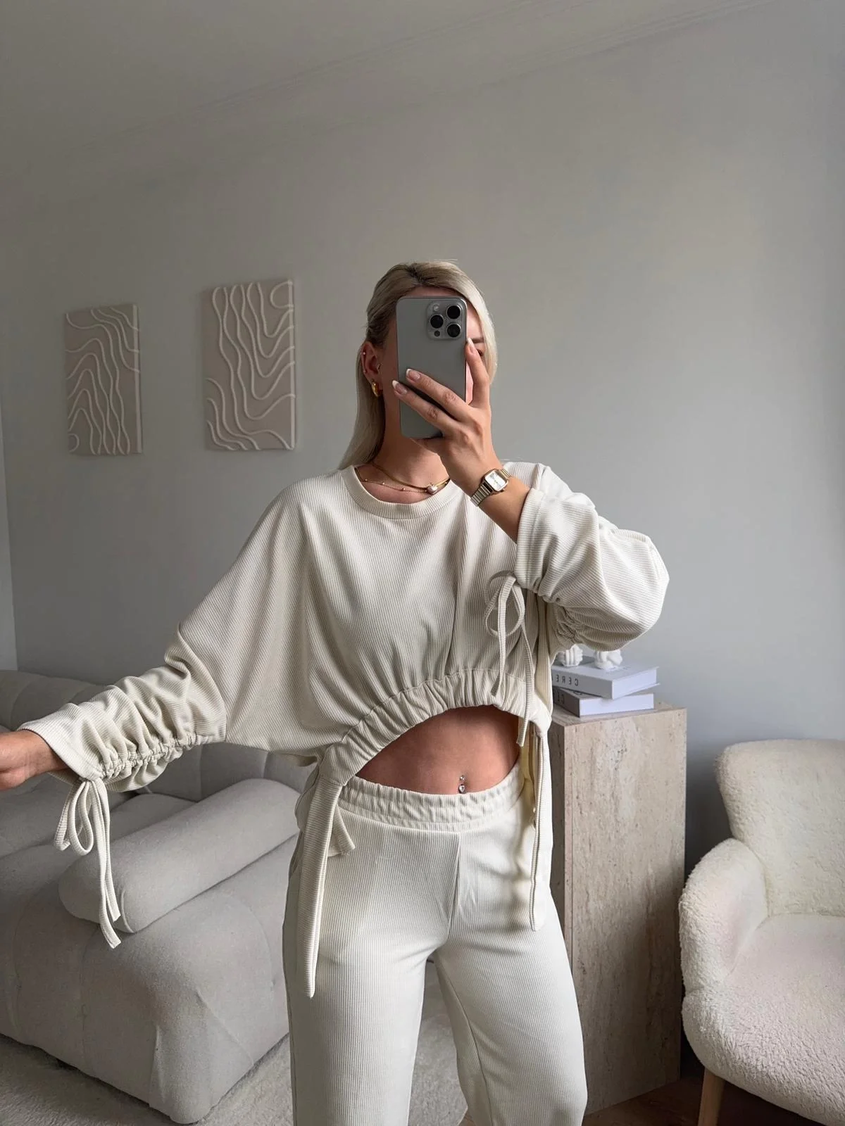 Körüklü Crop & Pantolon Takım - BEJ