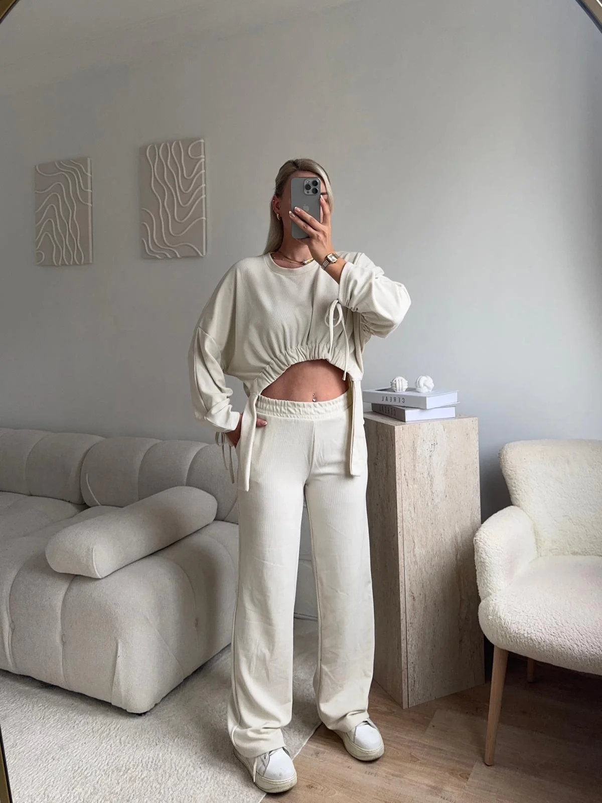 Körüklü Crop & Pantolon Takım - BEJ