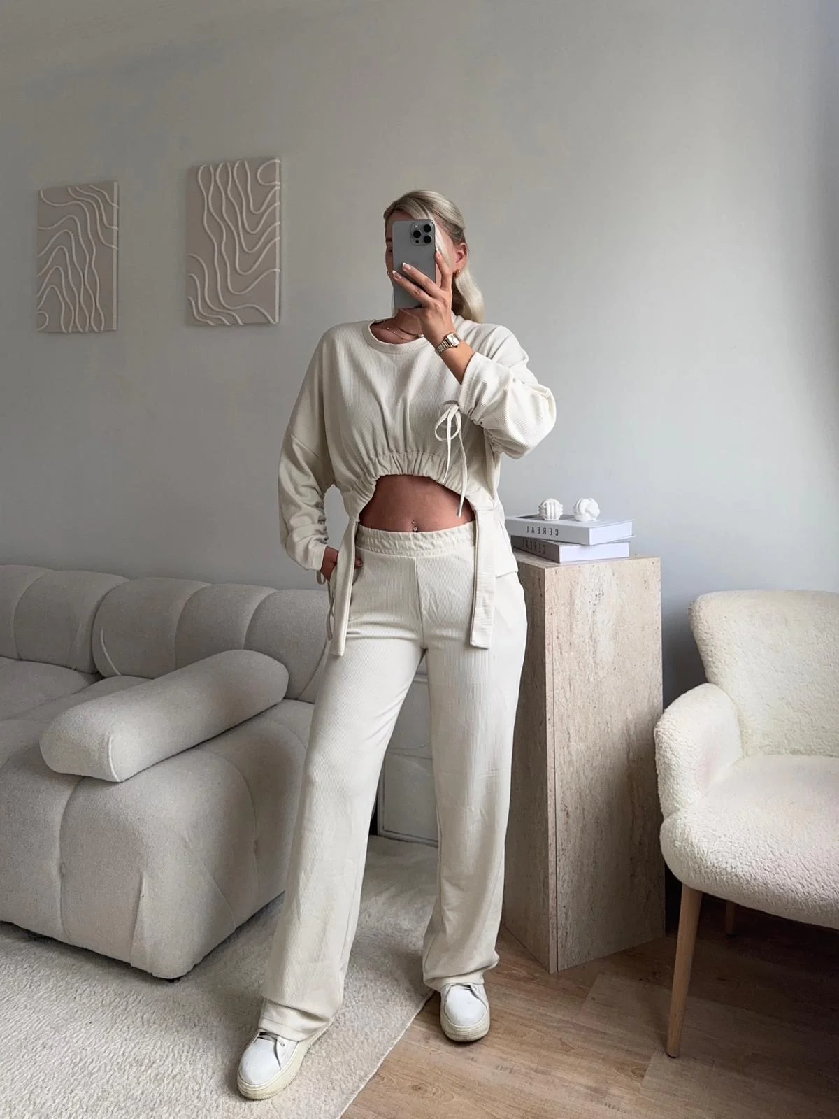 Körüklü Crop & Pantolon Takım - BEJ