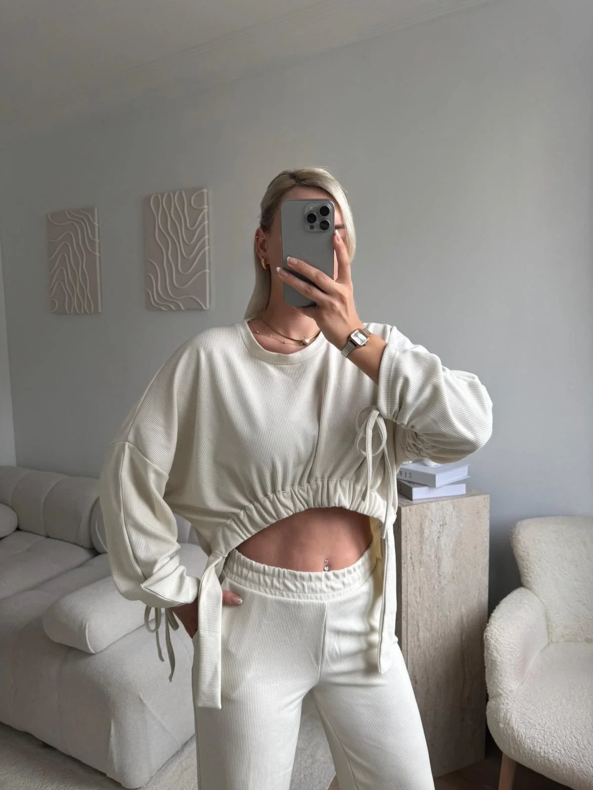 Körüklü Crop & Pantolon Takım - BEJ