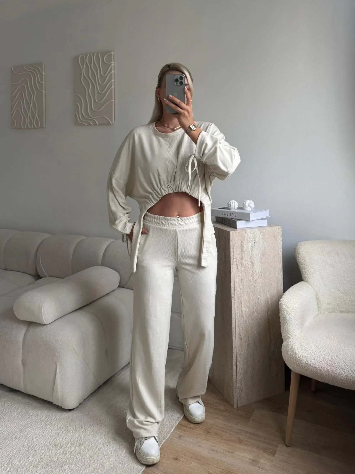 Körüklü Crop & Pantolon Takım - BEJ