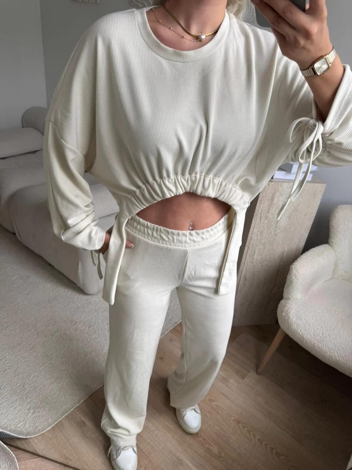 Körüklü Crop & Pantolon Takım - BEJ