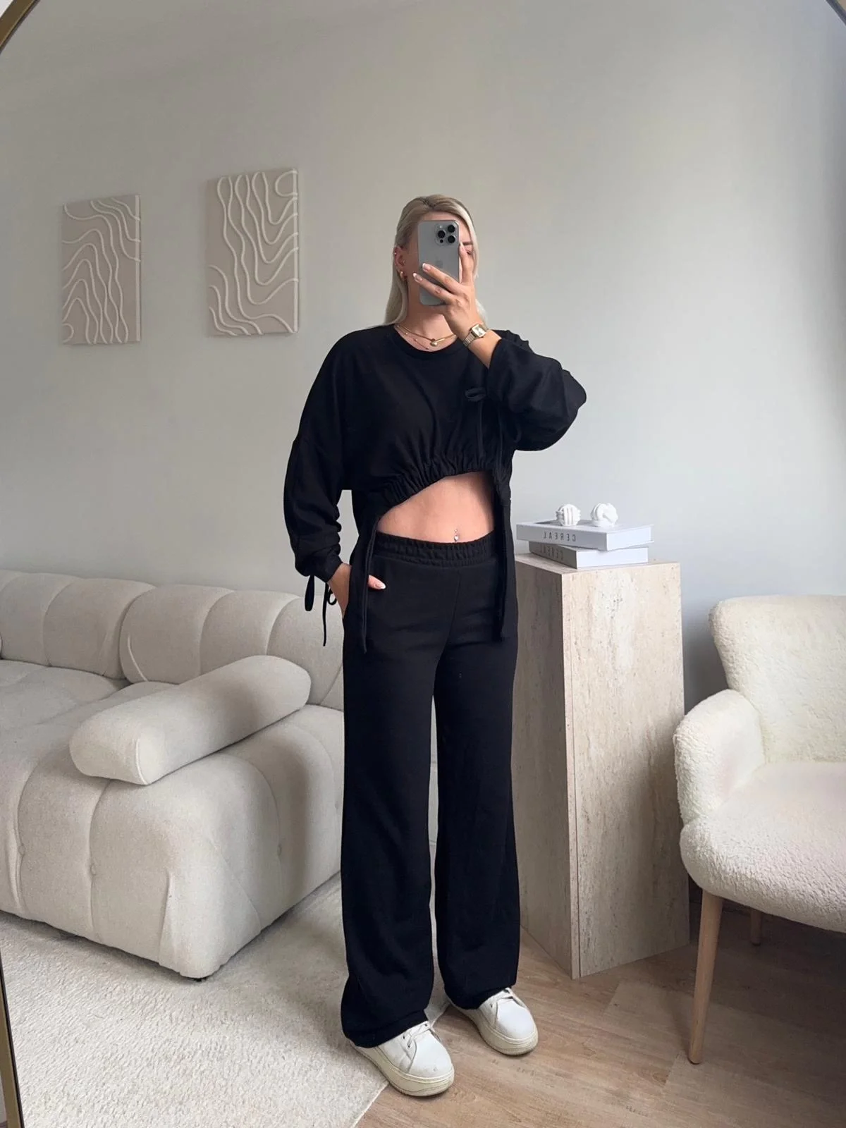 Körüklü Crop & Pantolon Takım - SİYAH