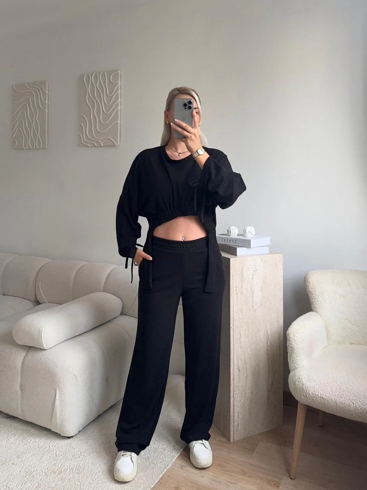 Körüklü Crop & Pantolon Takım - SİYAH