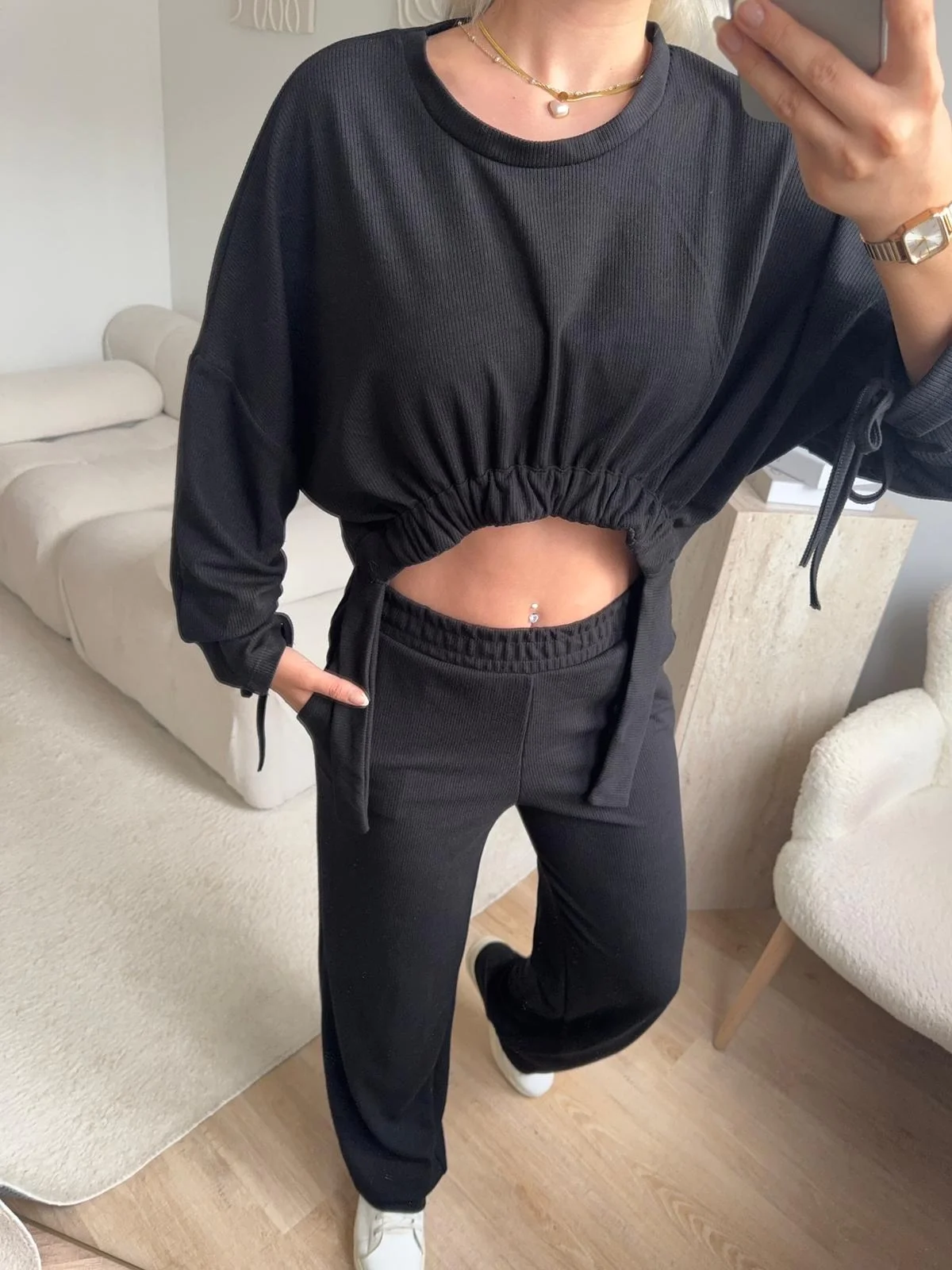 Körüklü Crop & Pantolon Takım - SİYAH