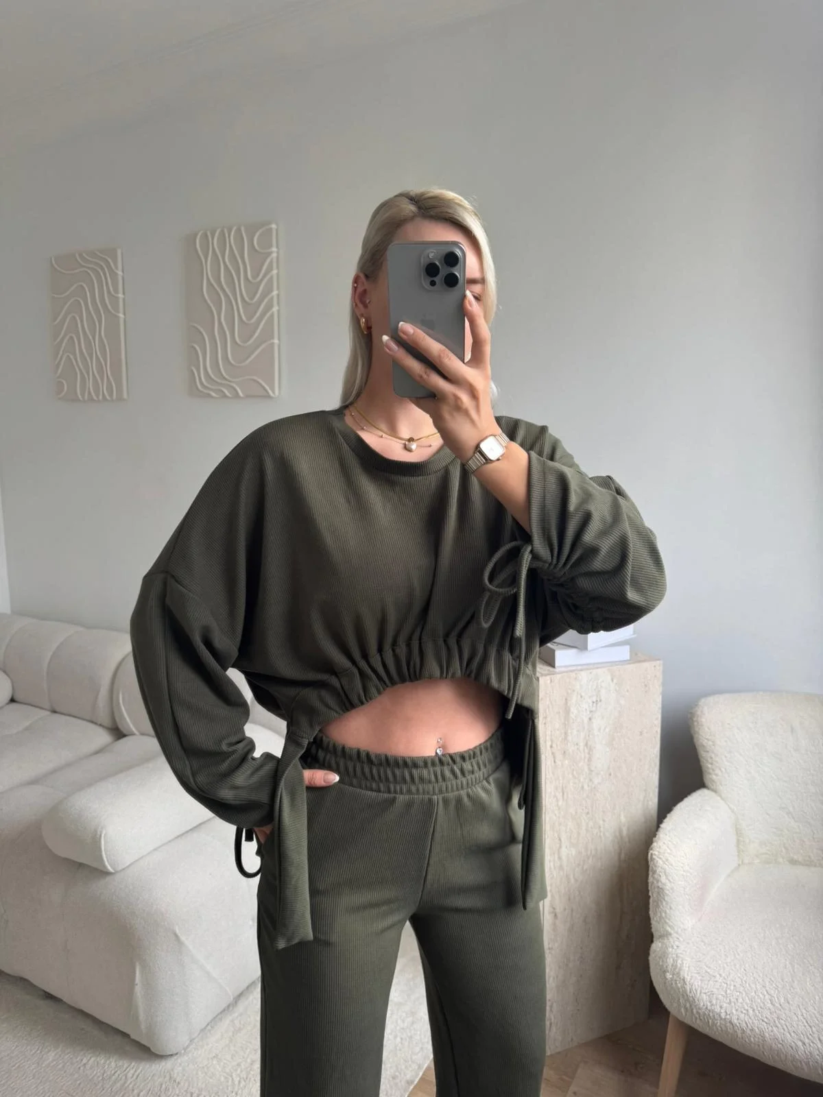 Körüklü Crop & Pantolon Takım - YEŞİL