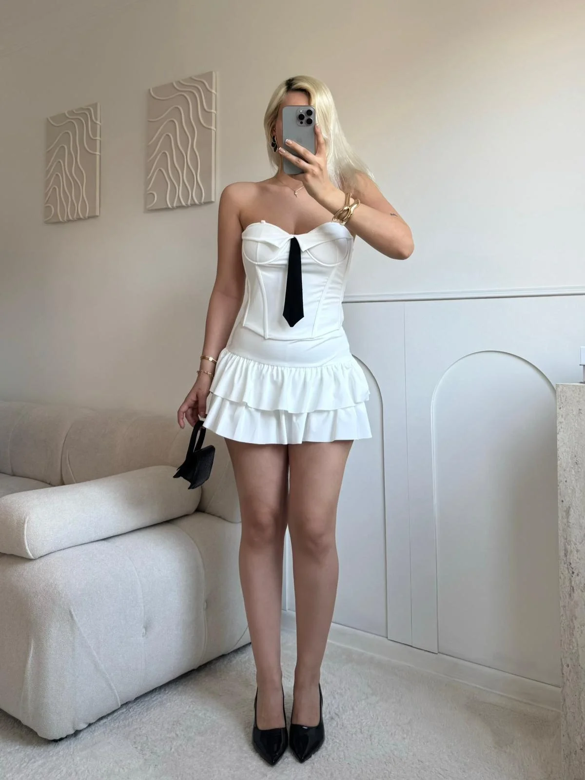 Kravat Detay Straplez Mini Elbise - BEYAZ