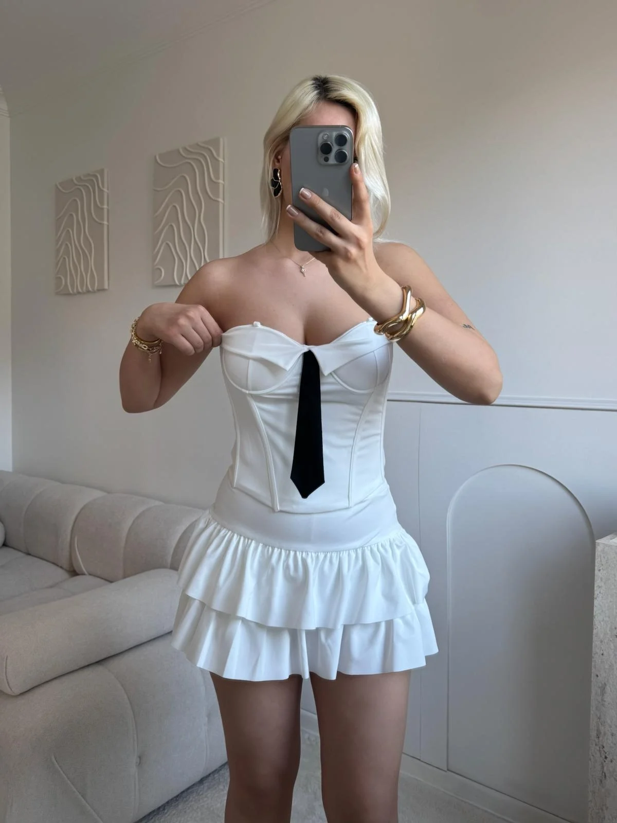 Kravat Detay Straplez Mini Elbise - BEYAZ