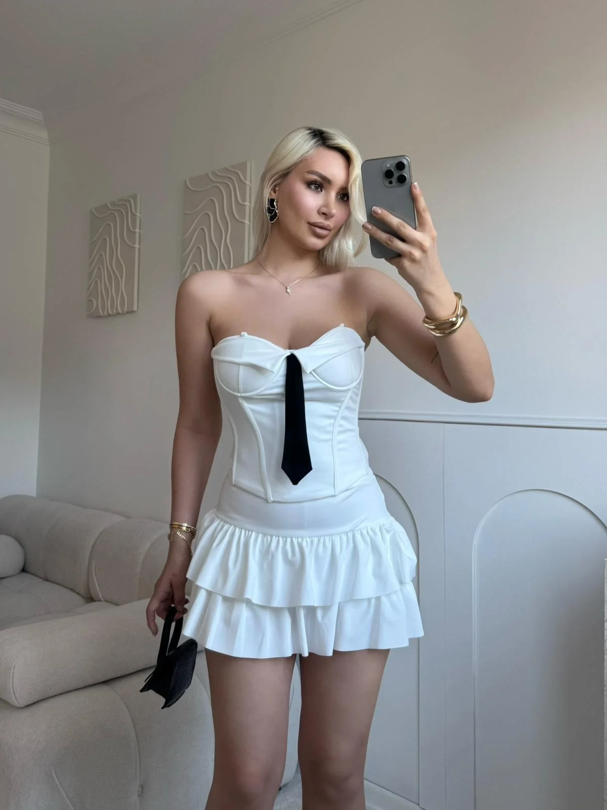 Kravat Detay Straplez Mini Elbise - BEYAZ