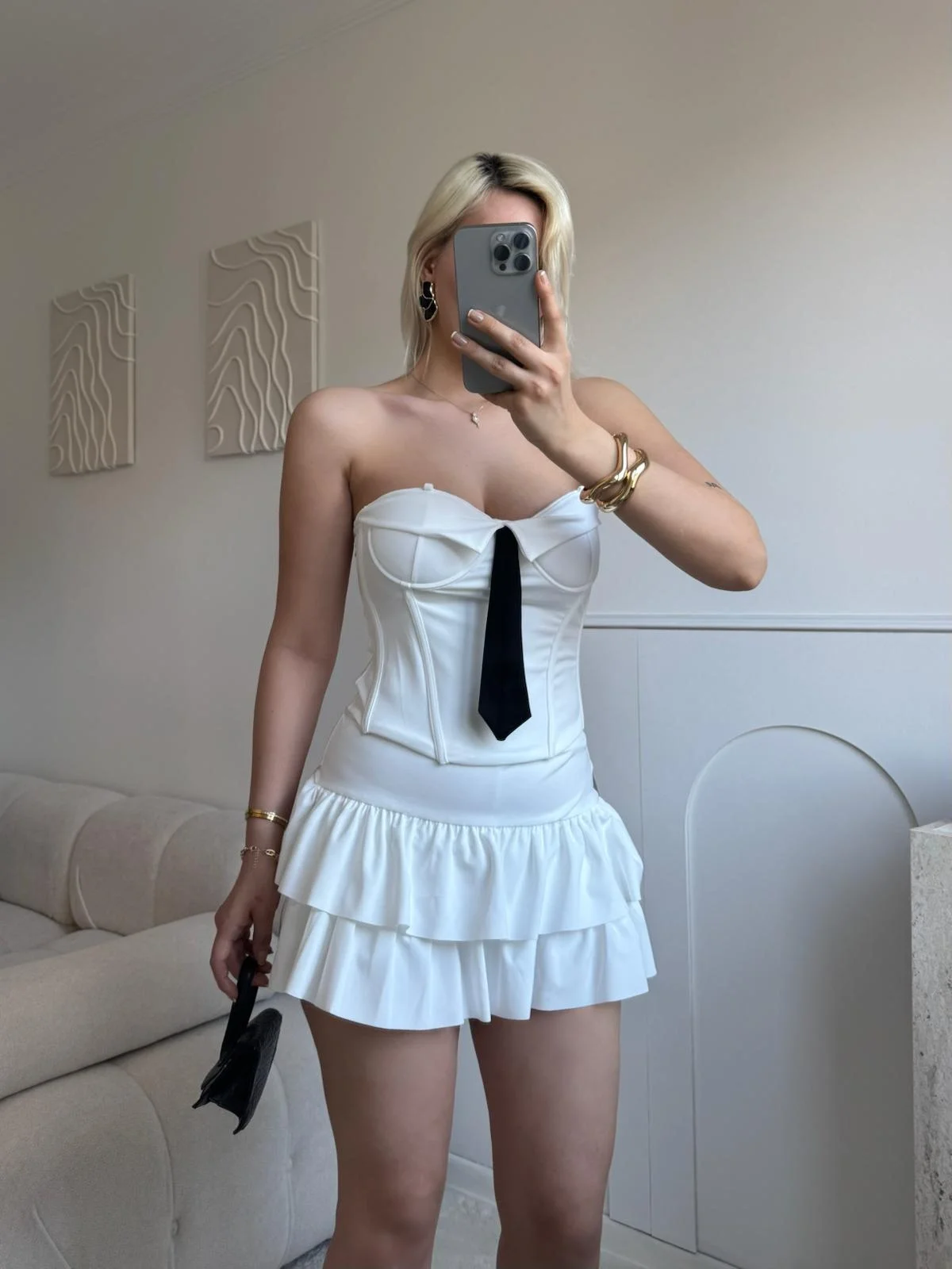 Kravat Detay Straplez Mini Elbise - BEYAZ