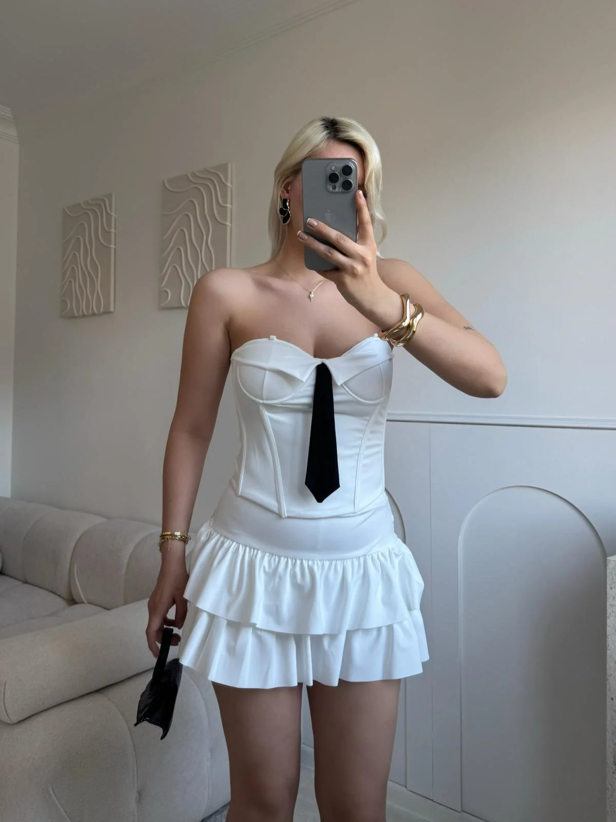 Kravat Detay Straplez Mini Elbise - BEYAZ