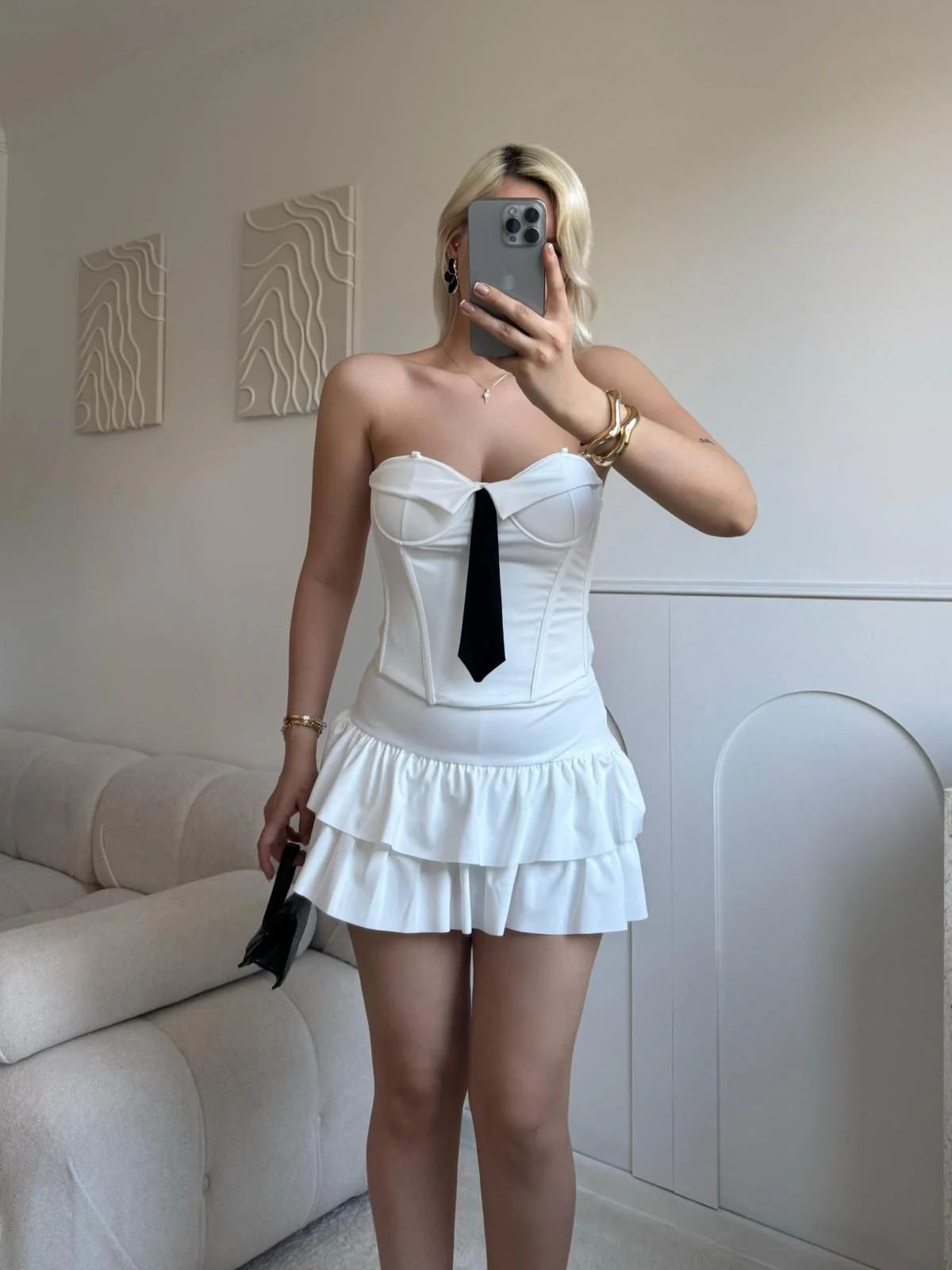 Kravat Detay Straplez Mini Elbise - BEYAZ