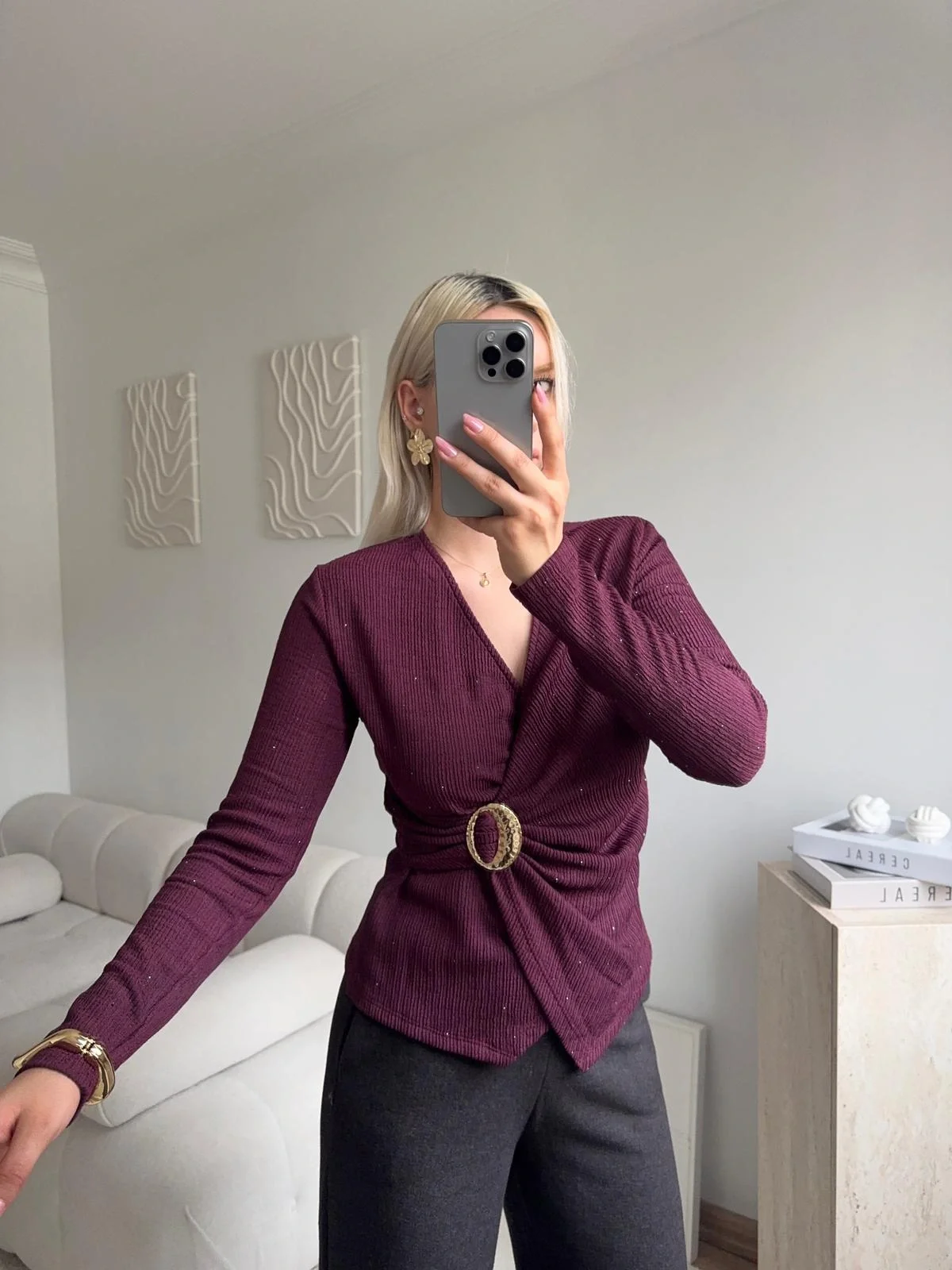 Kruvaze Aksesuarlı Taşlı Bluz - BORDO