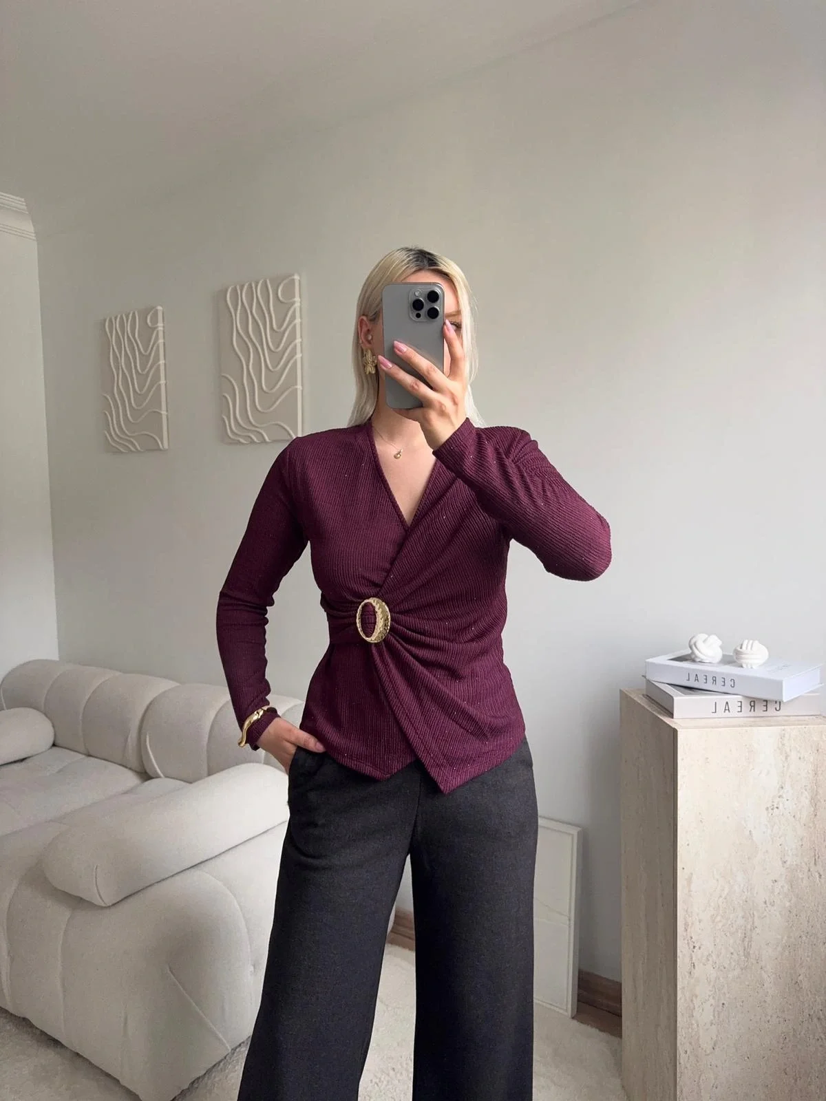 Kruvaze Aksesuarlı Taşlı Bluz - BORDO