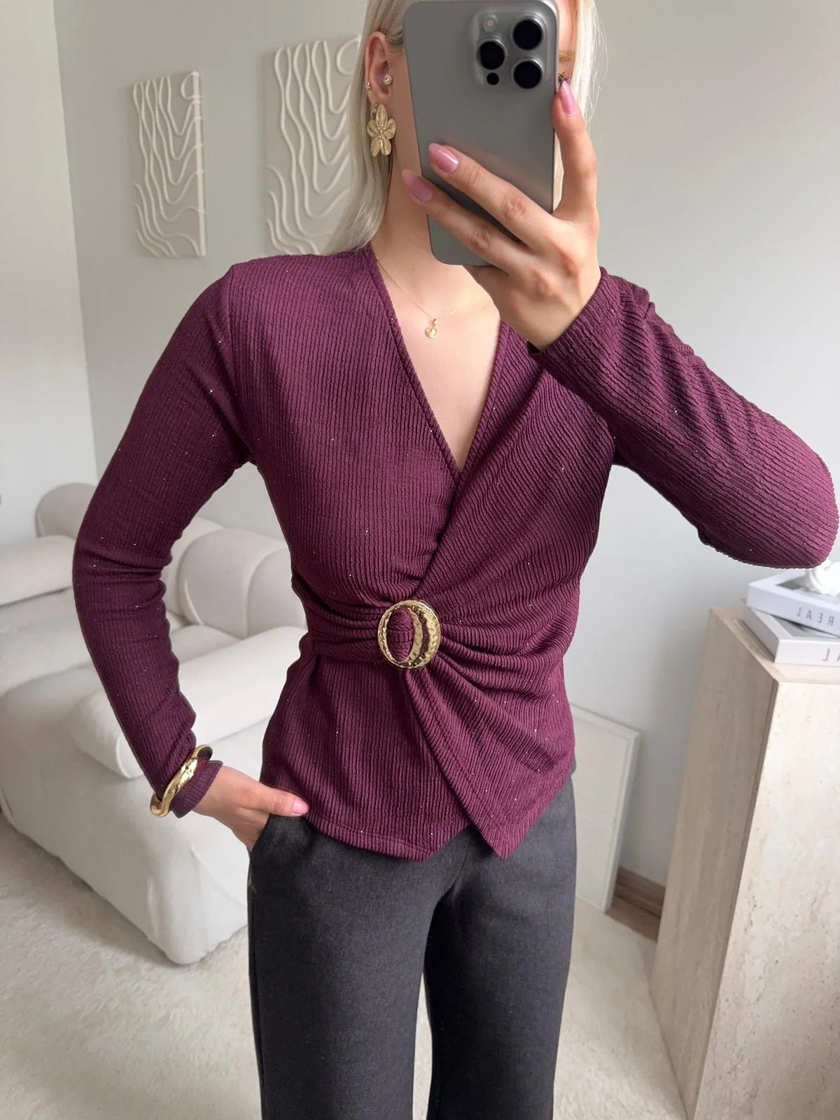 Kruvaze Aksesuarlı Taşlı Bluz - BORDO