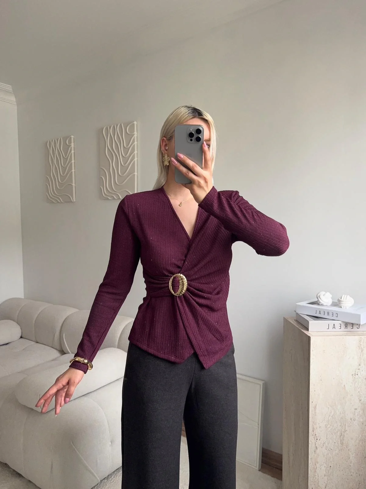 Kruvaze Aksesuarlı Taşlı Bluz - BORDO