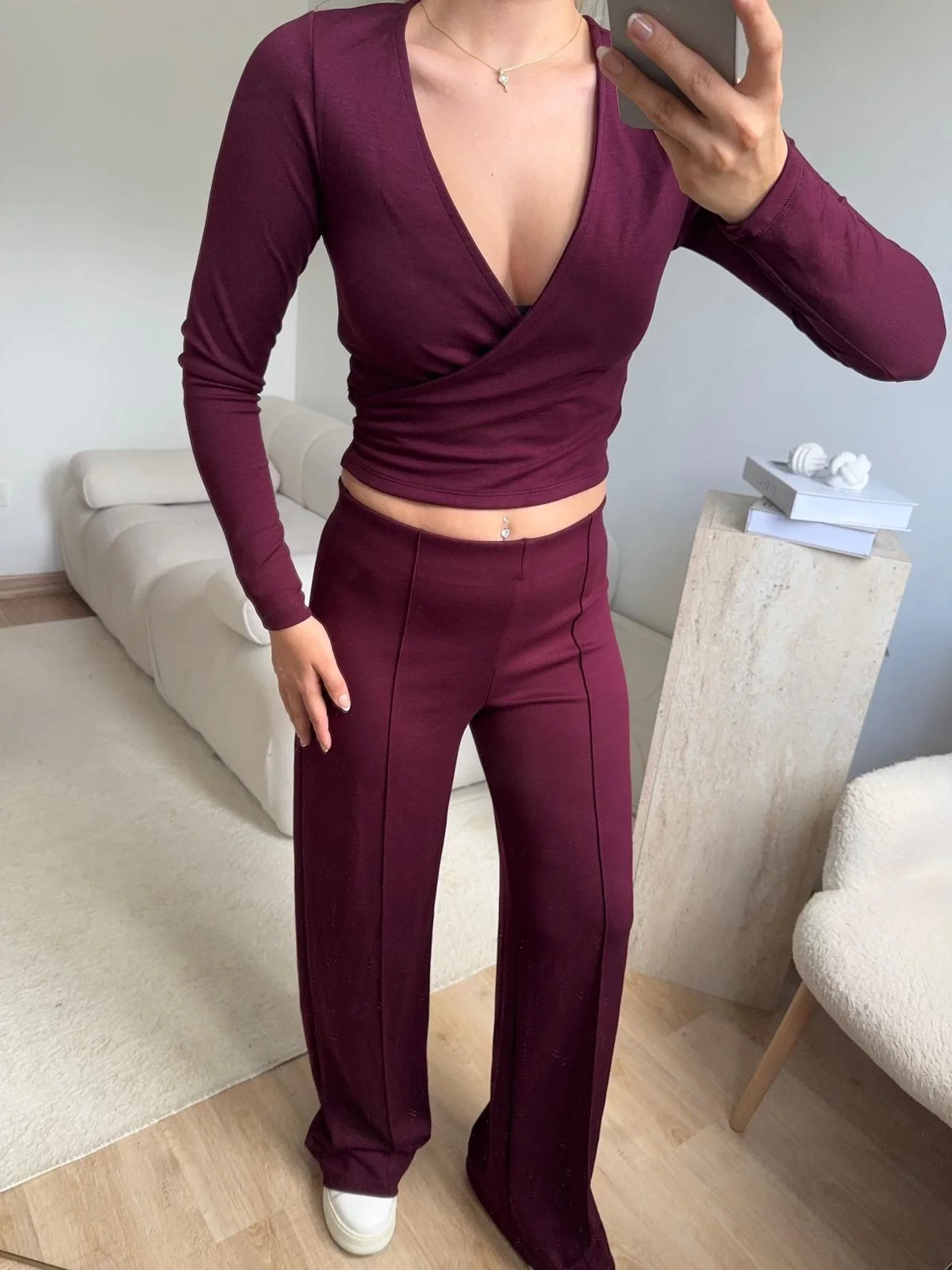 Kruvaze Bağlamalı Crop & Pantolon Takım - BORDO