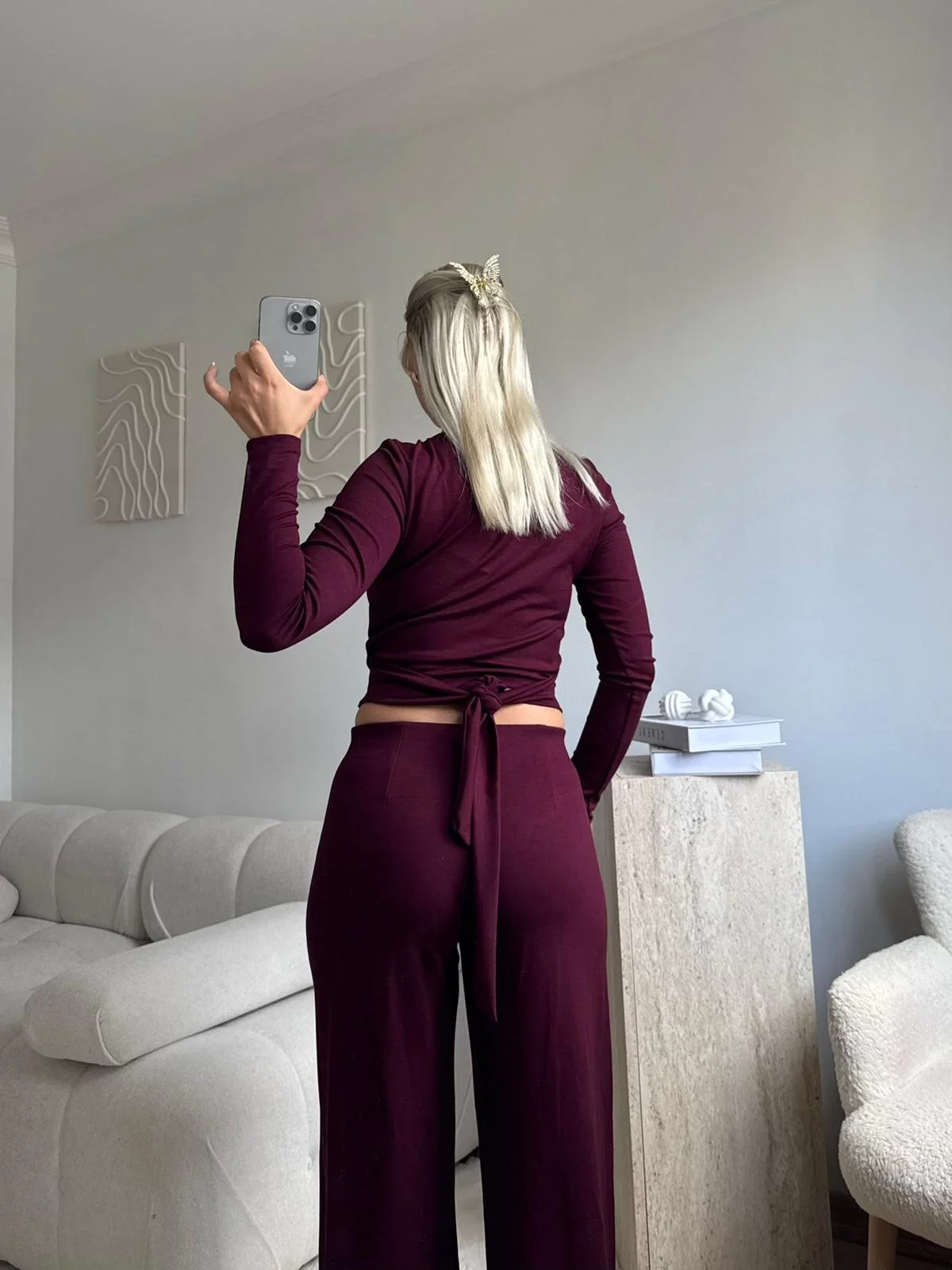 Kruvaze Bağlamalı Crop & Pantolon Takım - BORDO