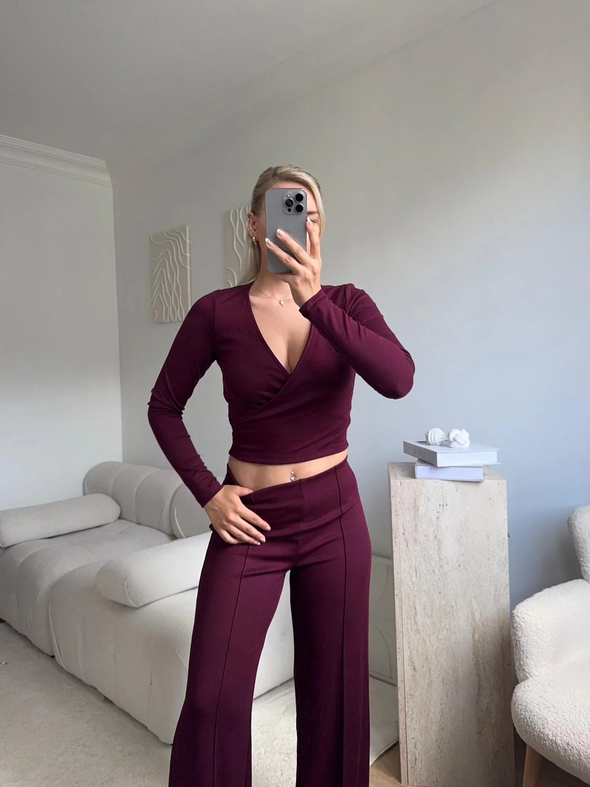 Kruvaze Bağlamalı Crop & Pantolon Takım - BORDO