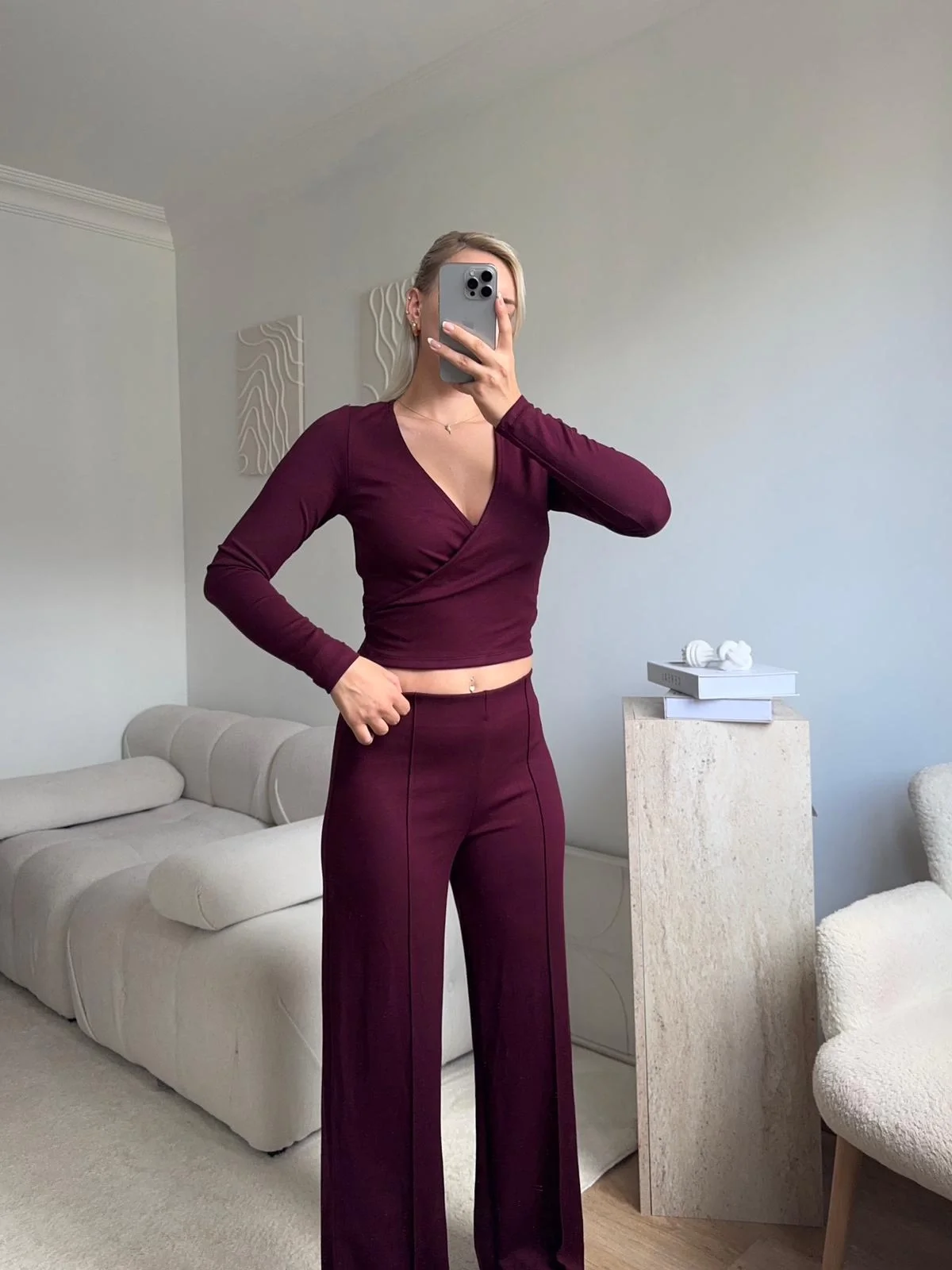 Kruvaze Bağlamalı Crop & Pantolon Takım - BORDO