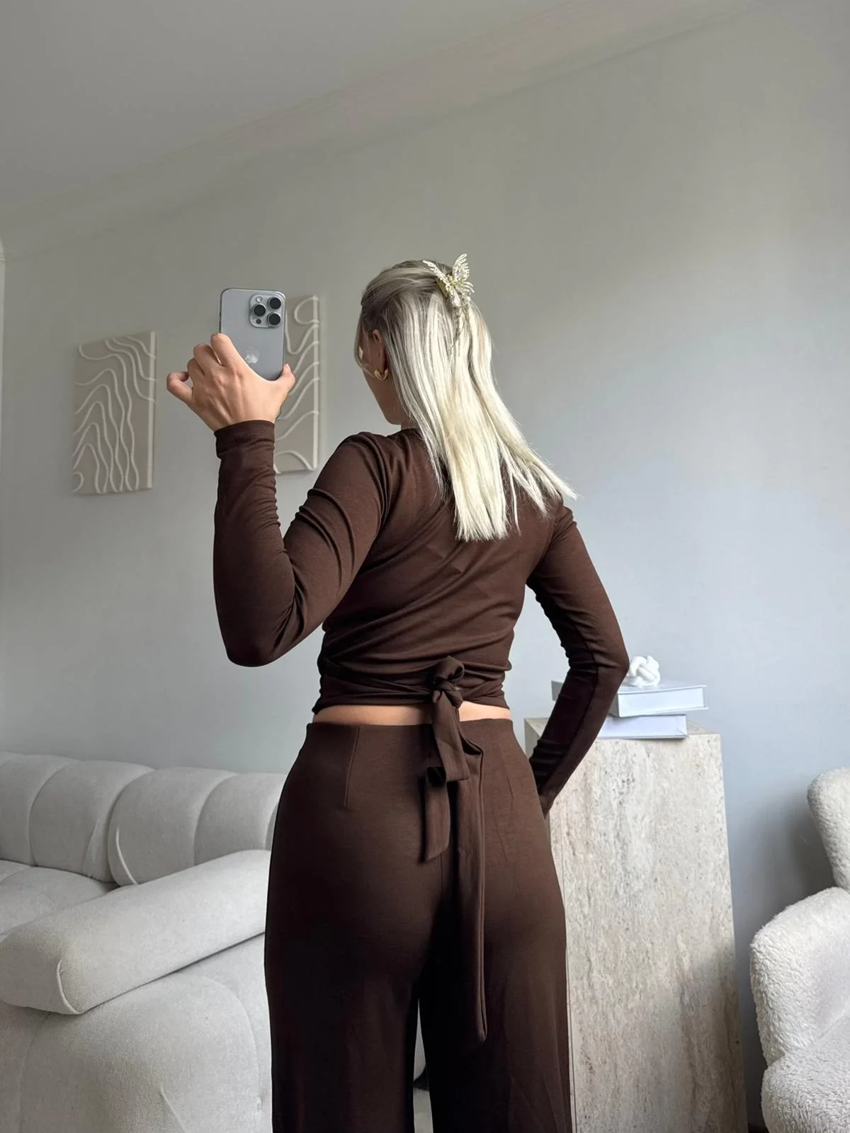 Kruvaze Bağlamalı Crop & Pantolon Takım - KAHVE