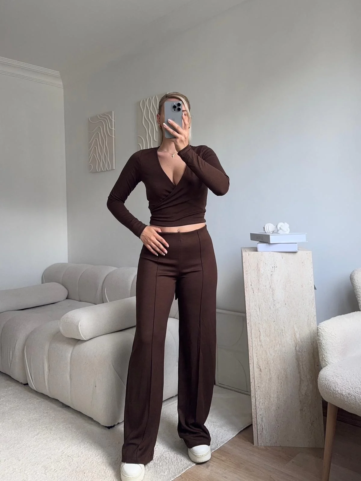 Kruvaze Bağlamalı Crop & Pantolon Takım - KAHVE