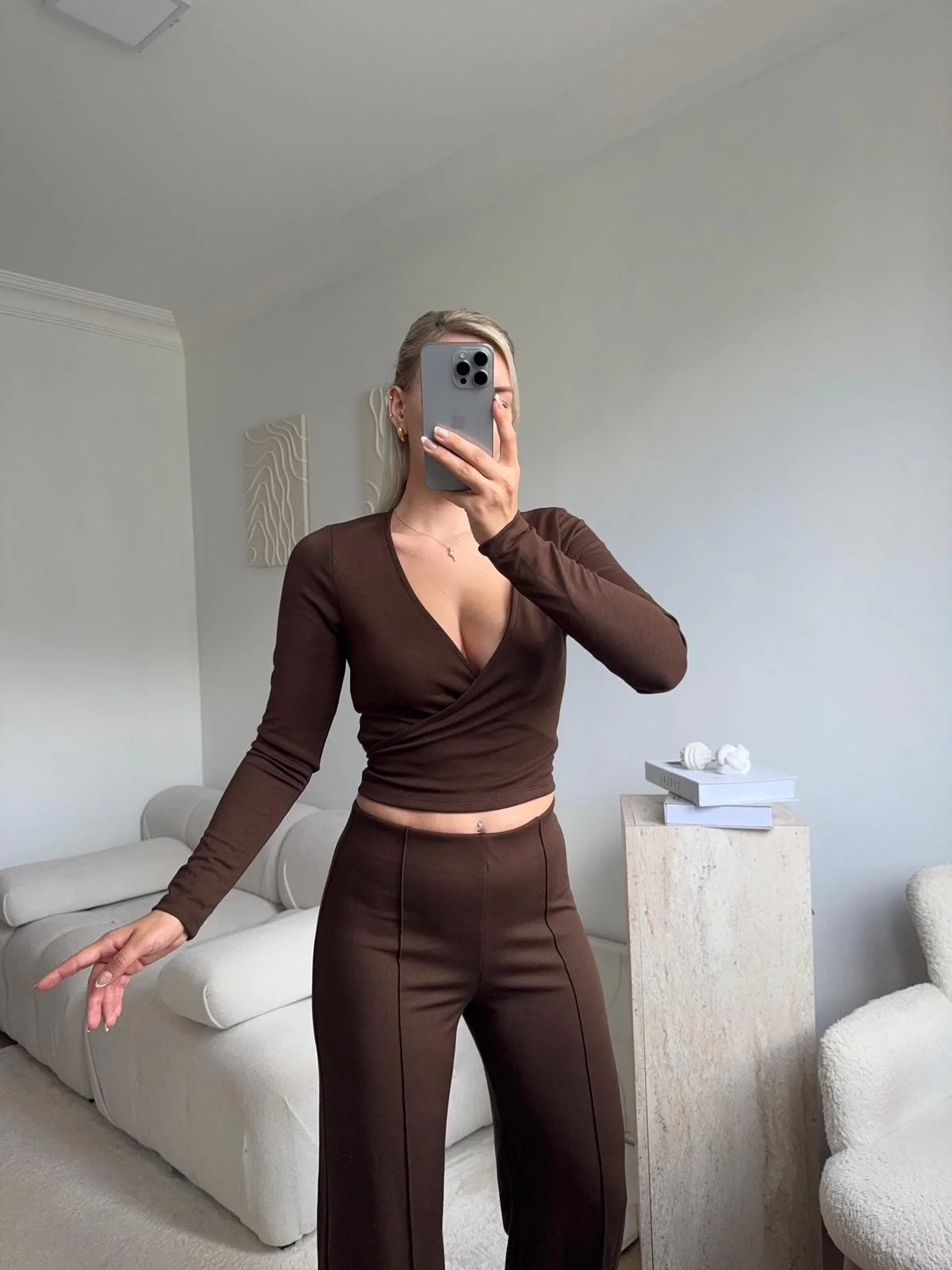 Kruvaze Bağlamalı Crop & Pantolon Takım - KAHVE