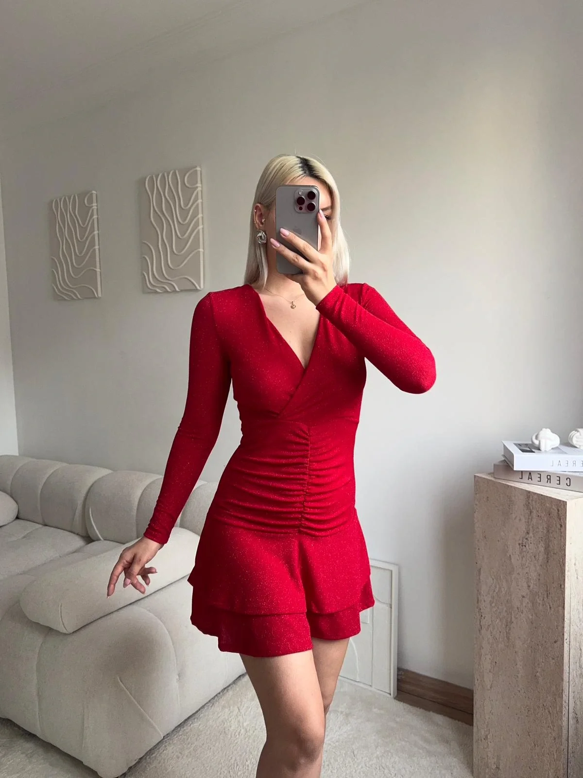 Kruvaze Bel Büzgü Simli Elbise - KIRMIZI