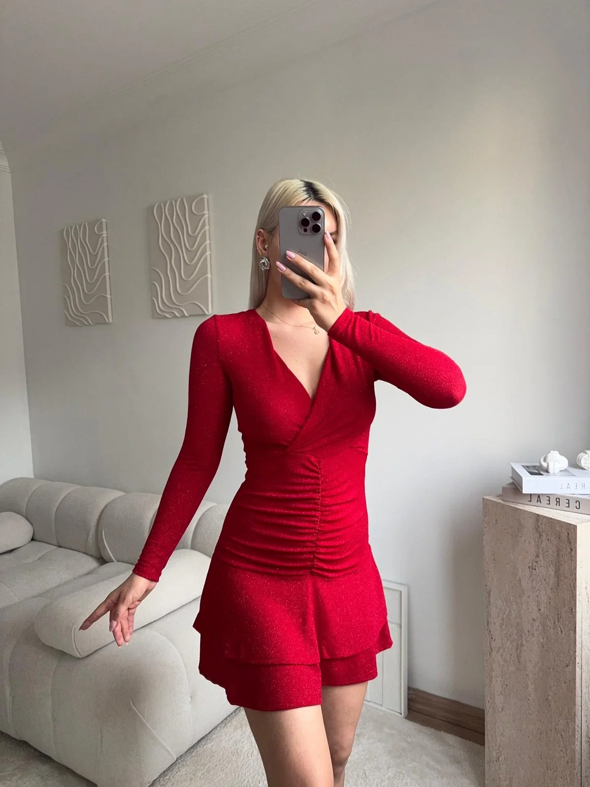 Kruvaze Bel Büzgü Simli Elbise - KIRMIZI